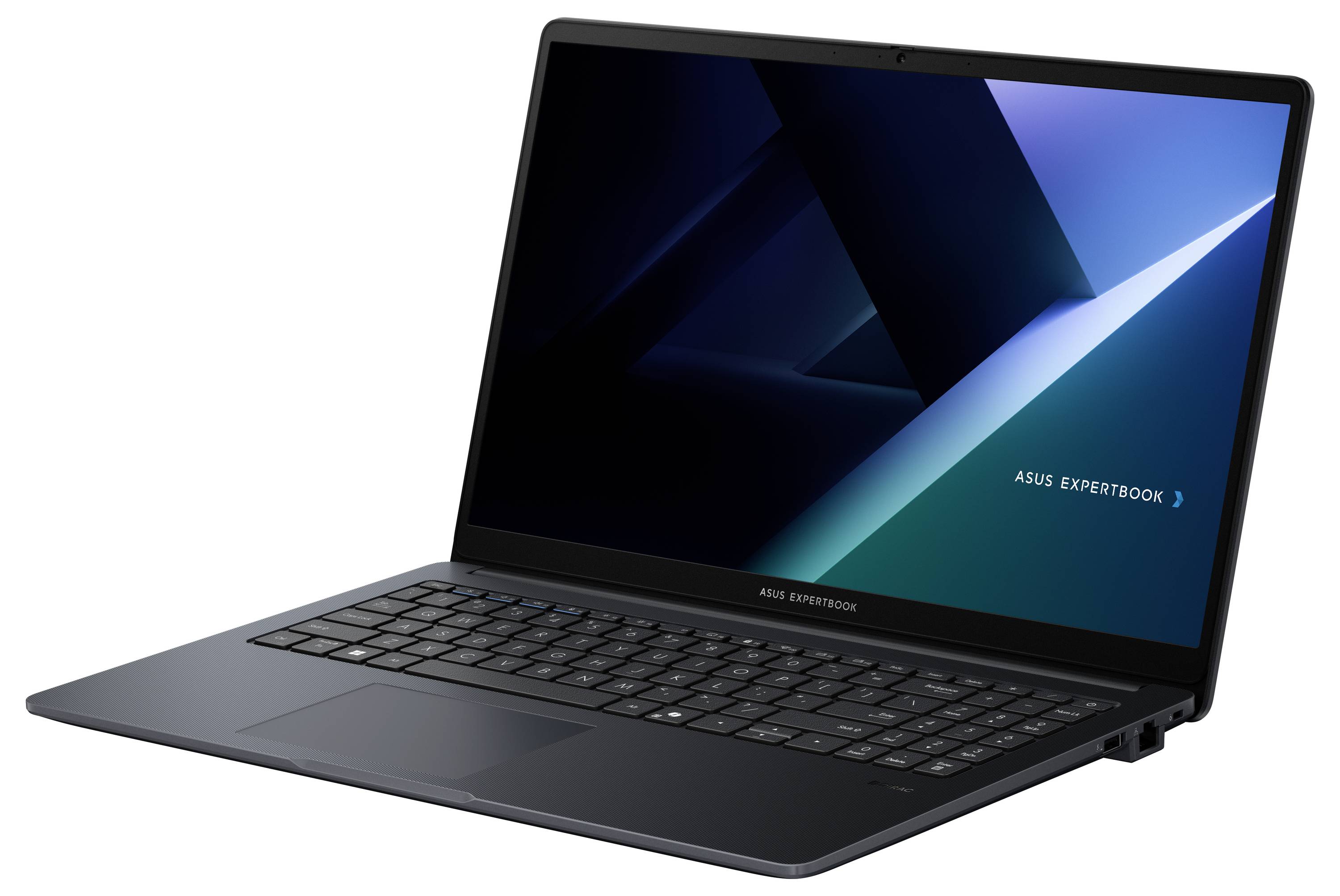 Ein elegantes, aufgeklapptes Laptop mit minimalistische Hintergrund, auf dem die Worte „ASUS EXPERTBOOK