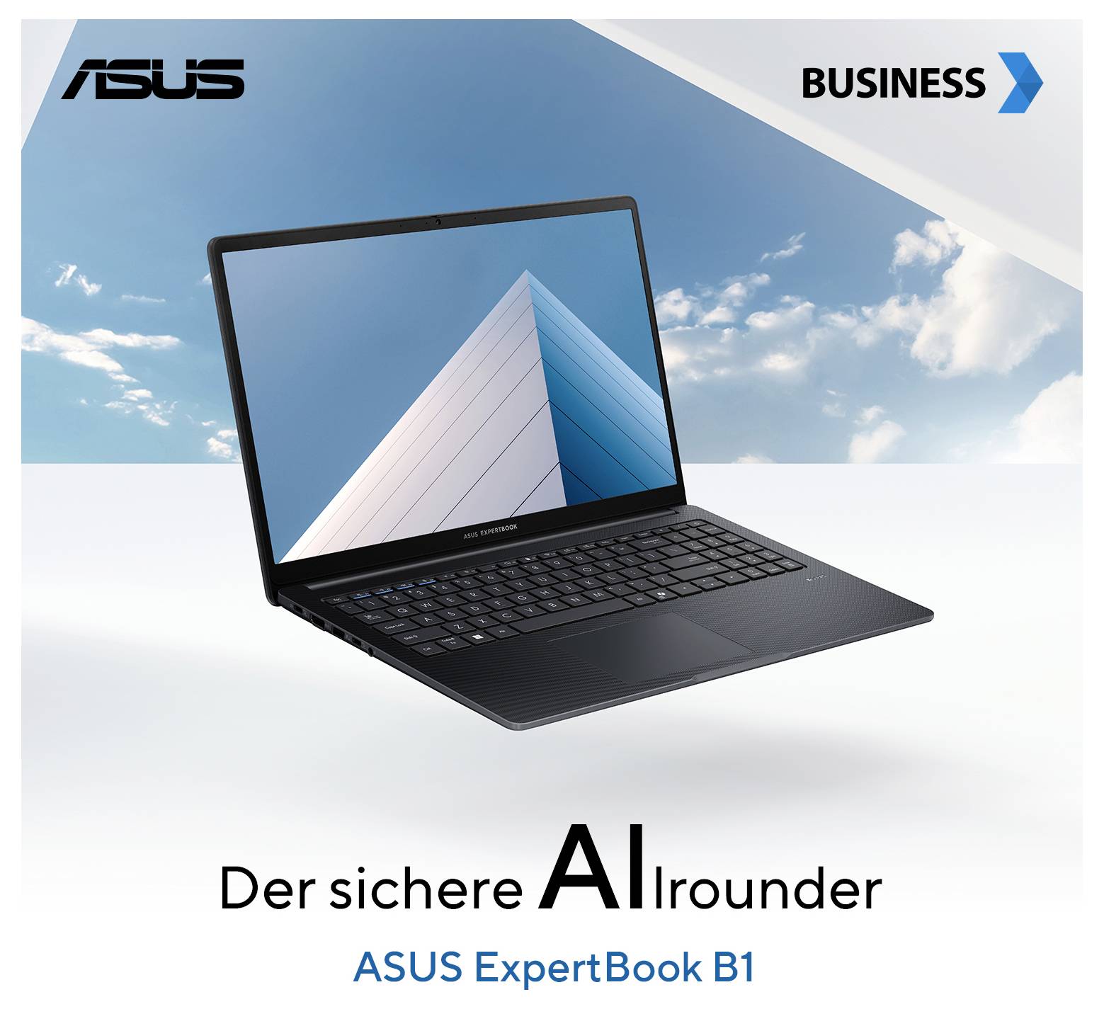 Ein schwarz-silberner Laptop mit einem Gebäude auf dem Bildschirm. Text: 'Der sichere Allrounder ASUS ExpertBook B1'.
