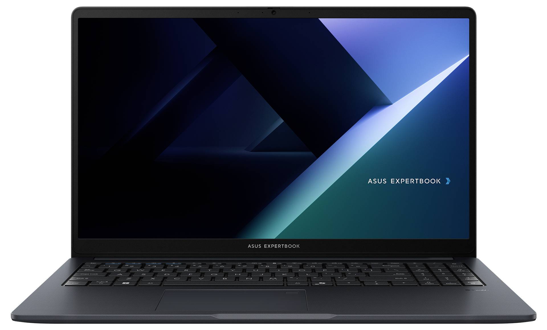 Ein Laptop mit schlankem Design und einem Bildschirm, der einen blauen, geometrischen Hintergrund mit dem Text 