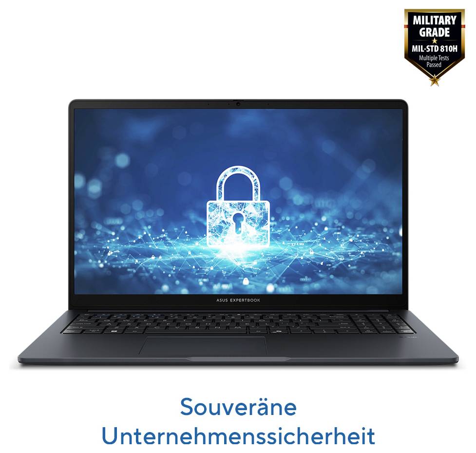 Laptop mit Bild eines digitalen Schlosses auf dem Bildschirm. Text darunter: 'Souveräne Unternehmenssicherheit'. Oben rechts Logo für militärische Zertifizierung.