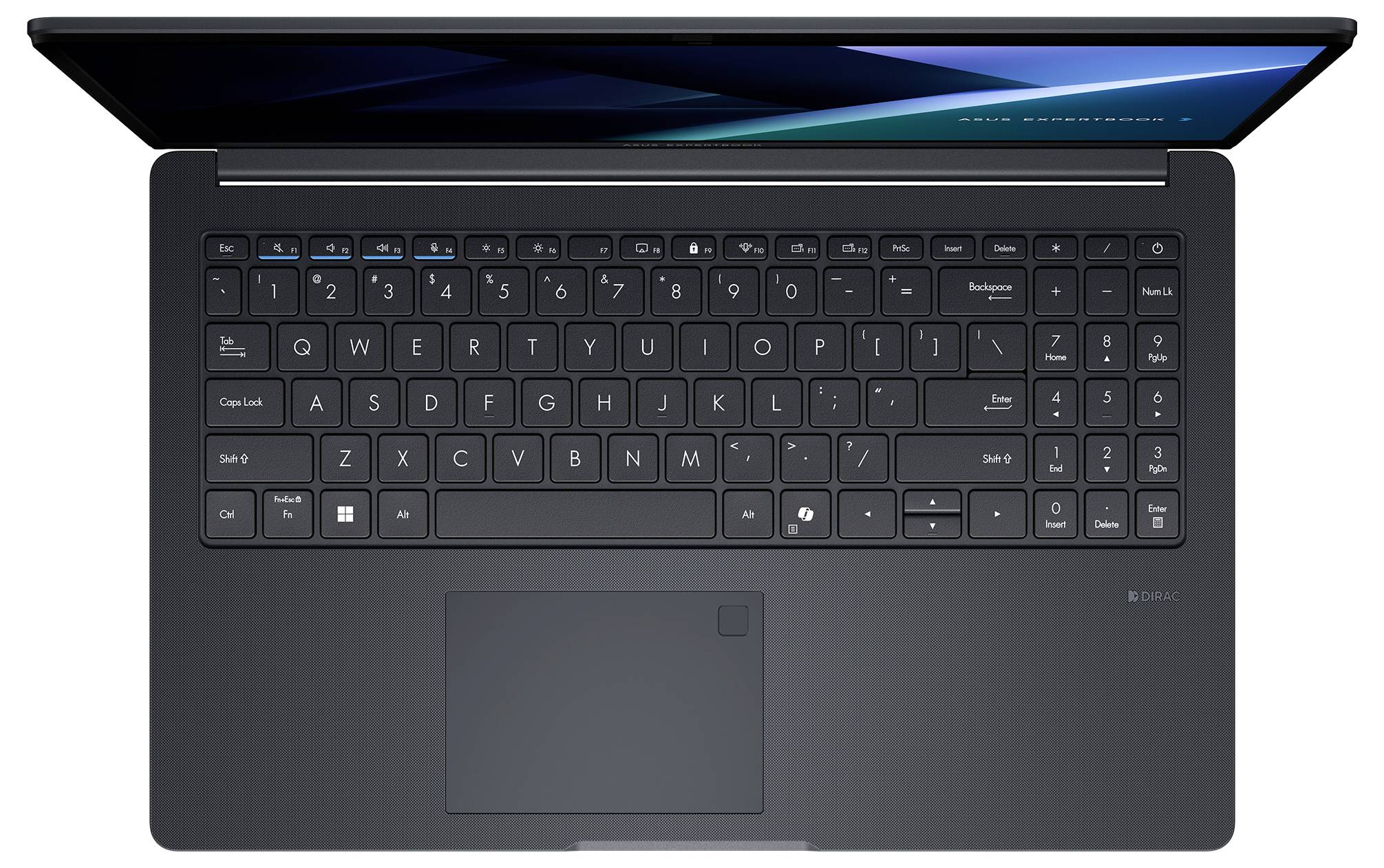 Offener schwarzer Laptop von oben betrachtet, mit einer vollständigen QWERTY-Tastatur mit blauen Akzenten auf den Funktionstastaten und einem Trackpad darunter.