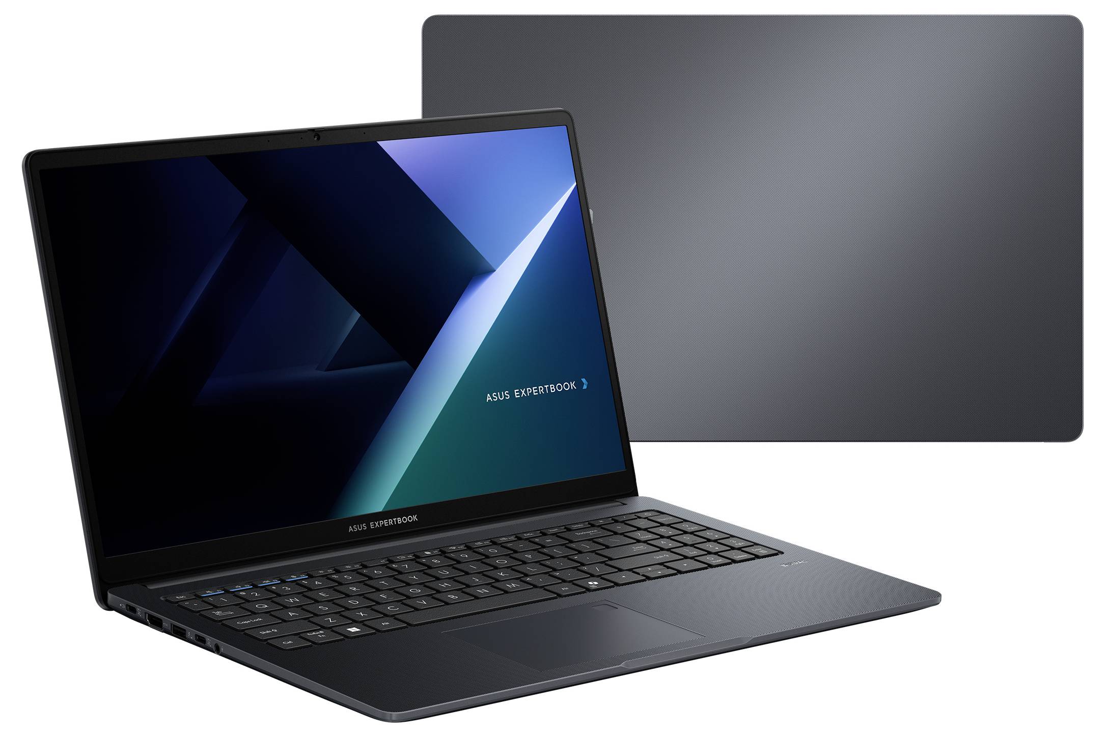 Ein eleganter, offener Laptop auf der linken Seite mit leuchtender Anzeige, die abstrakte blaue und grüne Formen zeigt, neben einem schlichten dunklen Laptopdeckel.