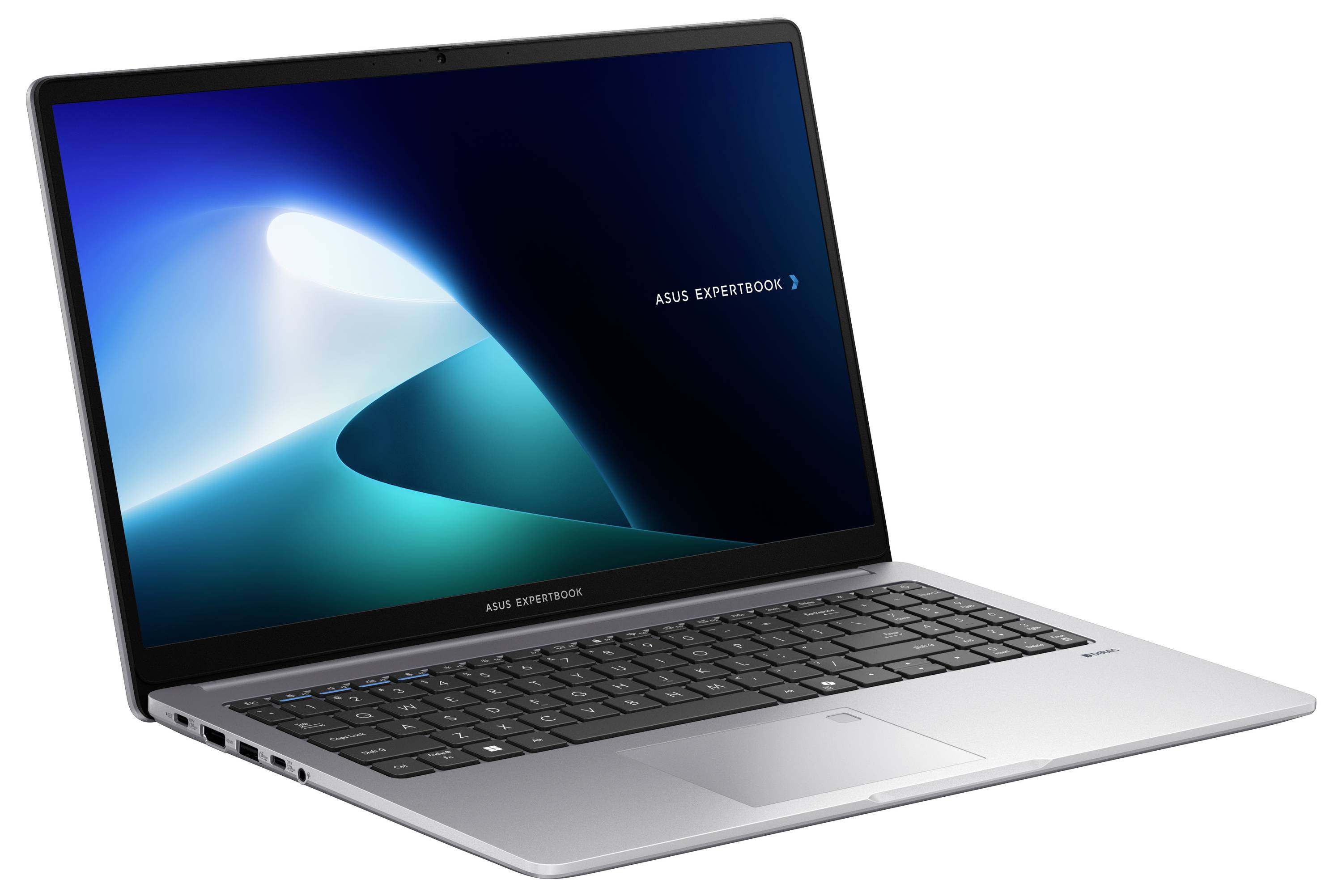 Schlanker silberner Laptop mit dunklem Bildschirm, auf dem das Logo 