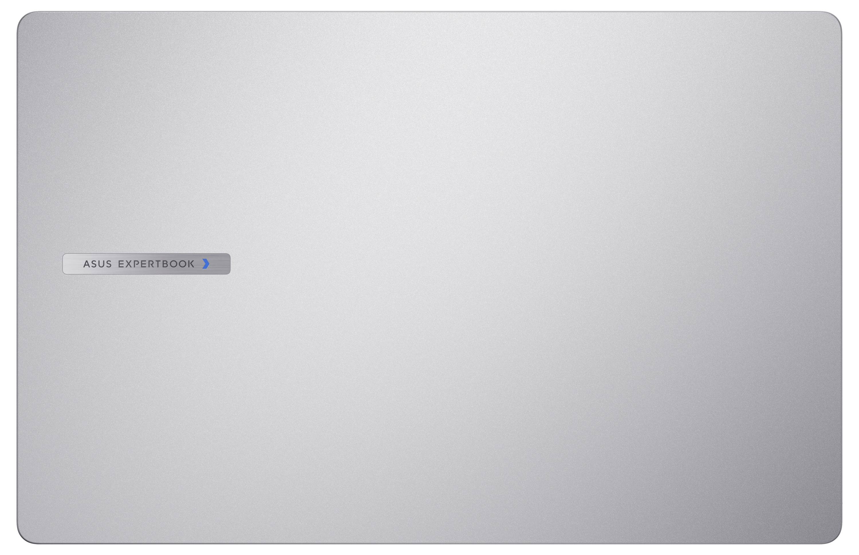 Silberner ASUS ExpertBook Laptop-Deckel von oben betrachtet.