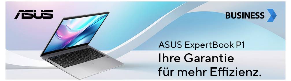 Geschlossener Deckel eines schlanken, dunkel gefärbten Laptops mit der Bezeichnung „ASUS ExpertBook