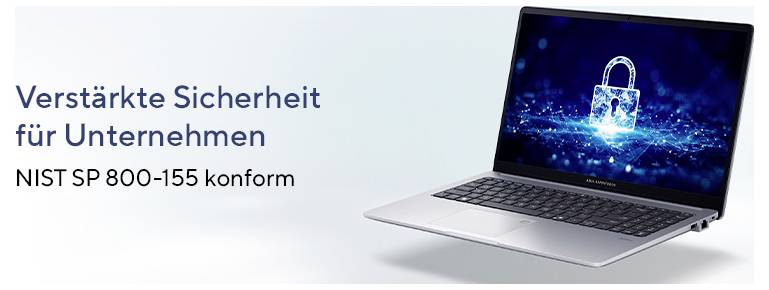 Ein Laptop zeigt ein Schloss-Symbol als Sicherheitsmetapher. Text: 'Verstärkte Sicherheit für Unternehmen, NIST SP 800-155 konform'.