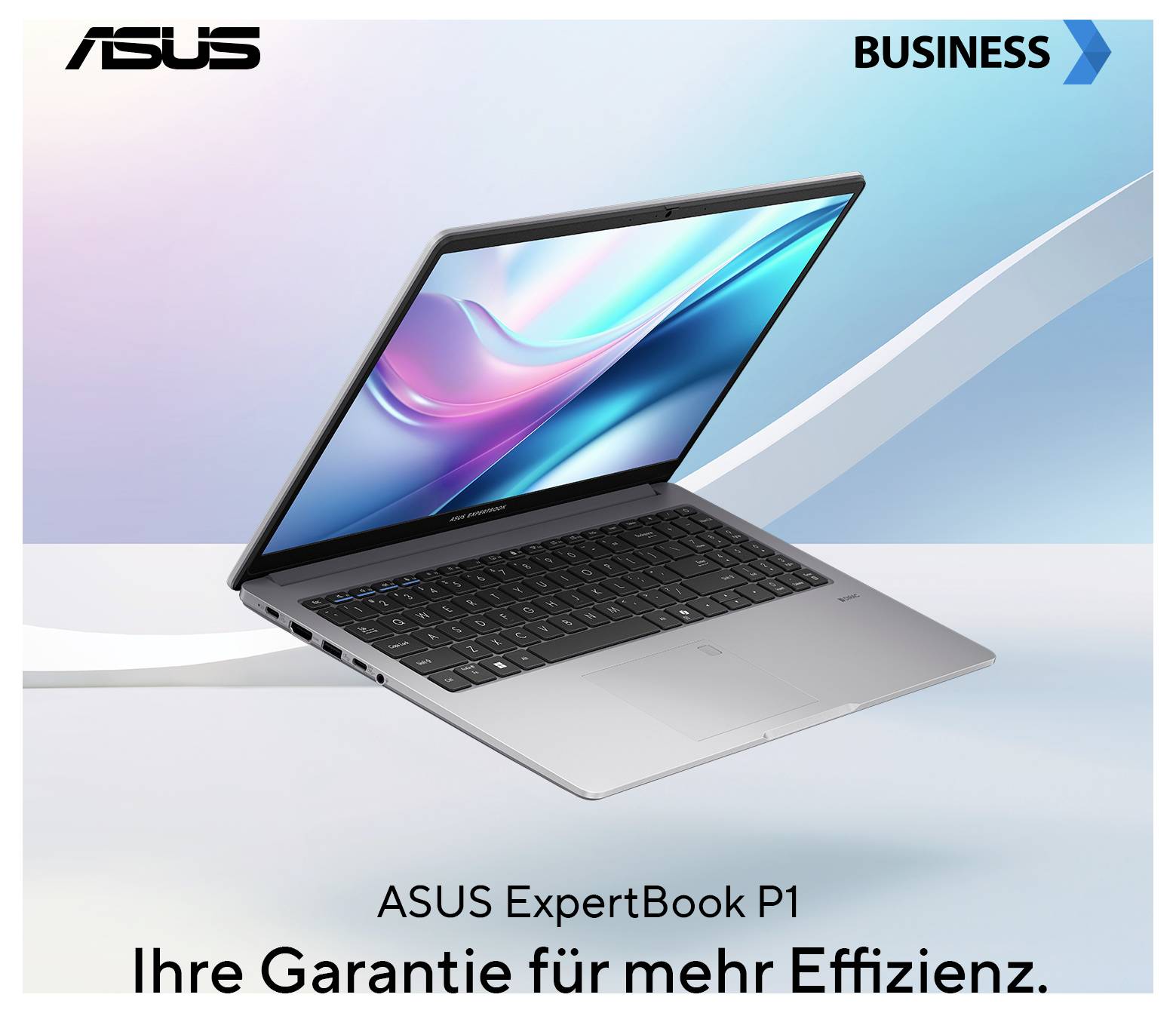 ASUS ExpertBook Laptop-Deckel in dunkler Farbe mit Markenlogo auf der Seite.