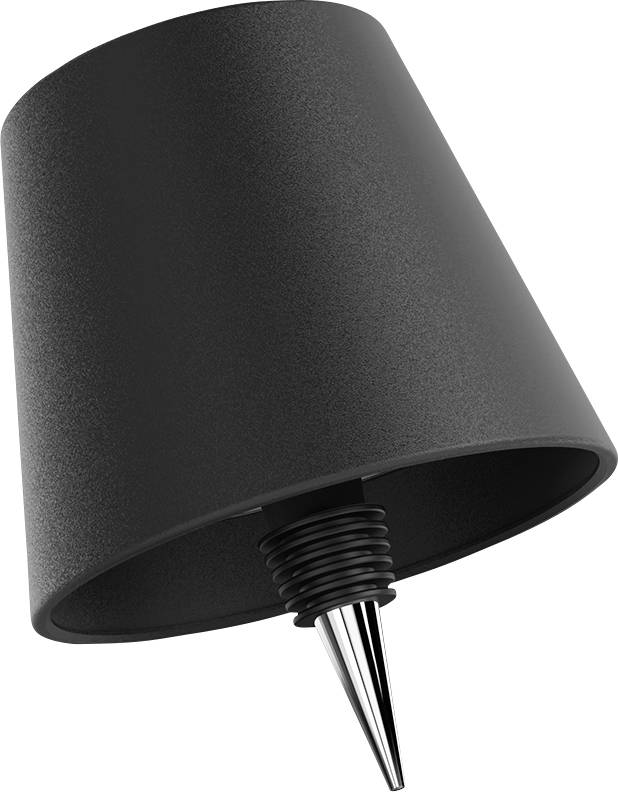 Eine schwarze wandmontierte Leuchte mit konischer Form und nach unten zeigendem metallischem Stachel, entworfen für den Außenbereich.