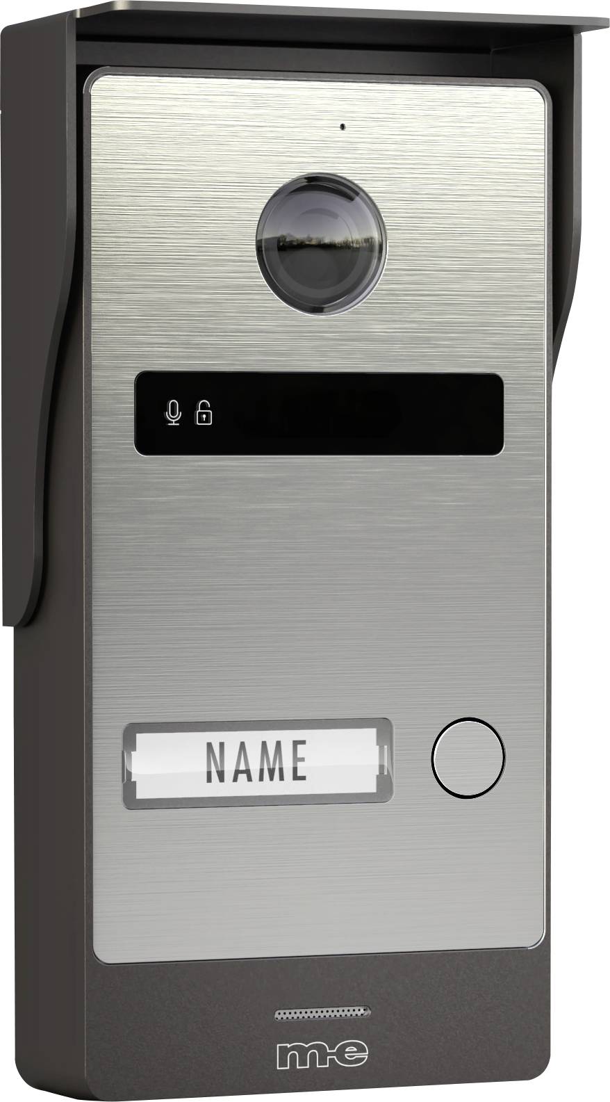 Gegensprechanlage mit einer Kamera, einem Mikrofon, einem Lautsprechersymbol und einer Türklingel-Taste. Eine Namensschilderung ist unter einer Schutzabdeckung sichtbar.