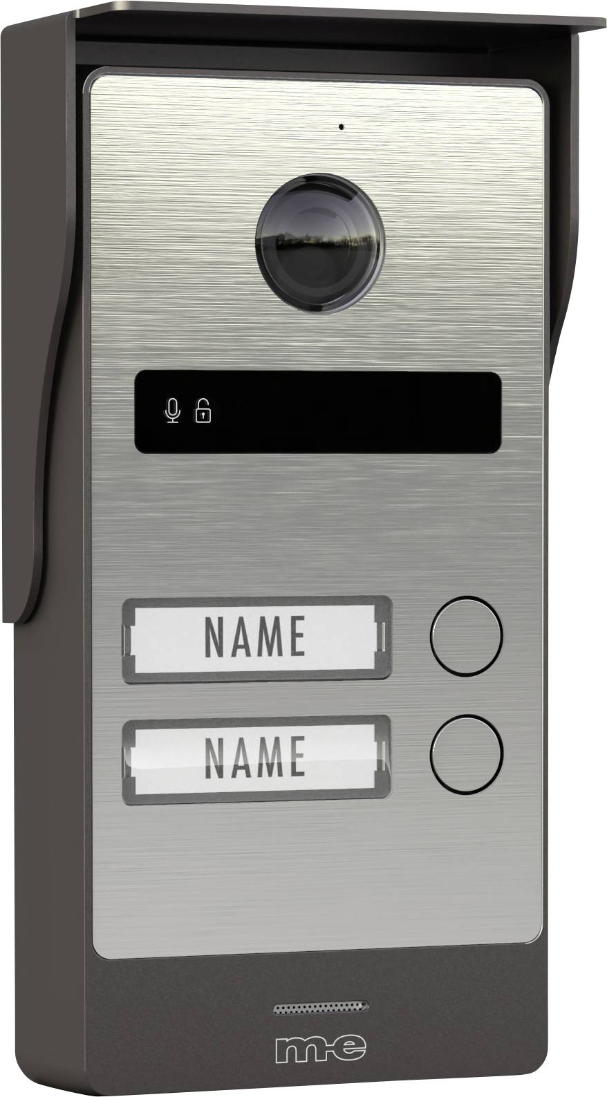 Gegensprechanlage mit Kamera, Lautsprecher und drei Namensschild-Steckplätzen mit Ruftasten, die zum Betreten eines Gebäudes verwendet wird.