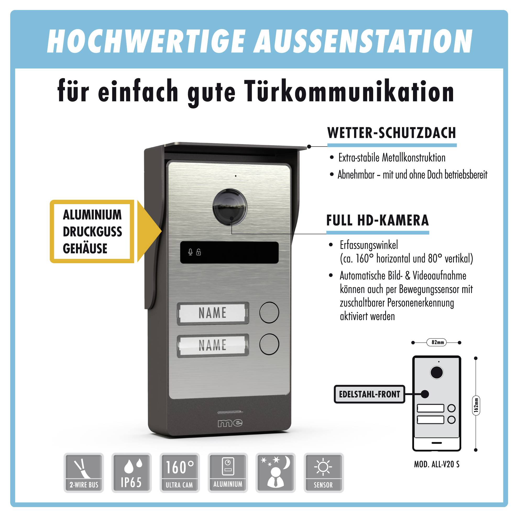 Videogegensprechanlage-Bild, das ihr Aluminiumgehäuse, Wetterschutz und Full-HD-Kamerafunktionen für verbesserte Kommunikation zeigt.