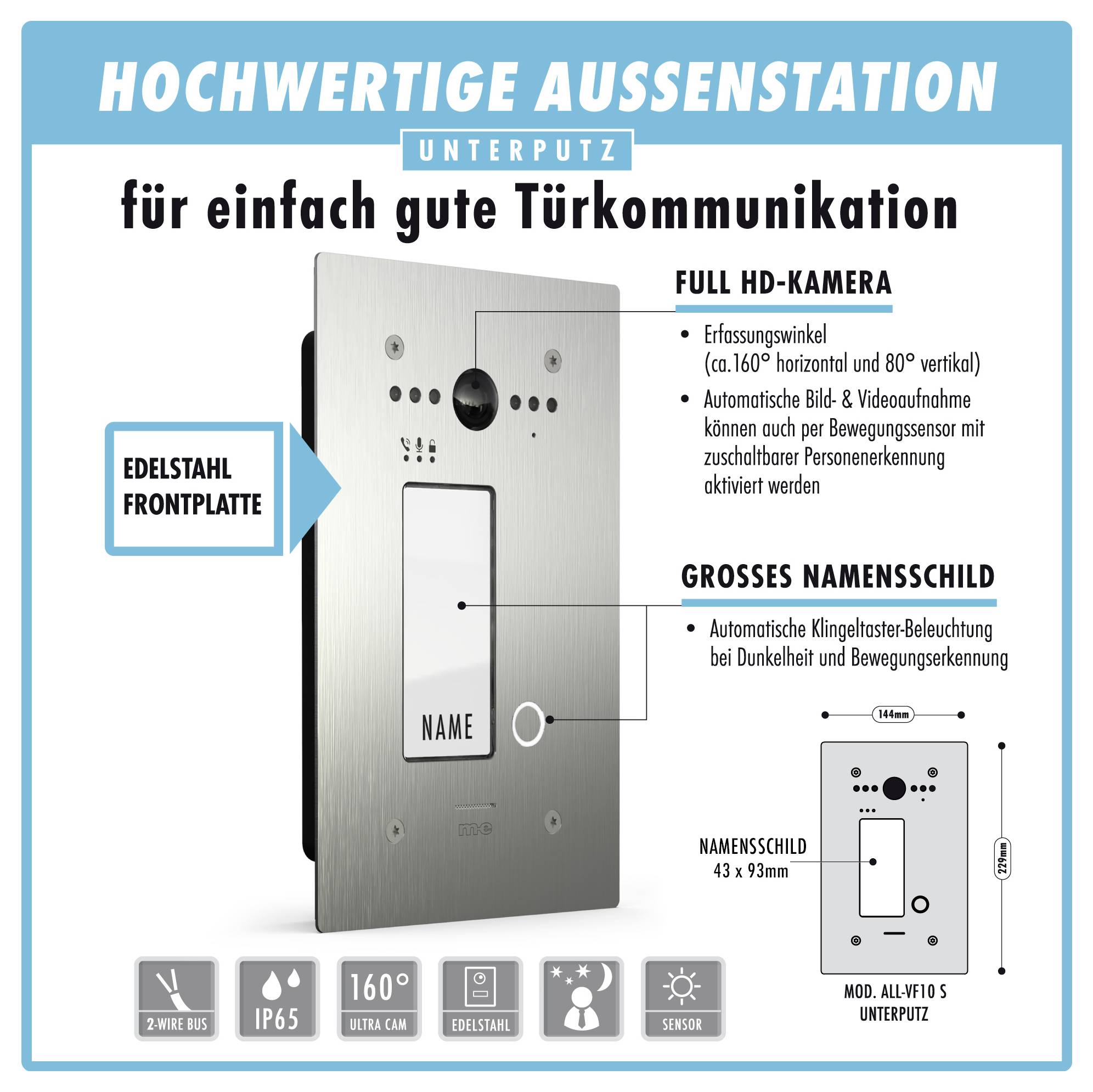 Hochwertiges Außensprechanlage mit Edelstahlblende, Full-HD-Kamera, großem Erfassungswinkel und großem anpassbarem Namensschild.
