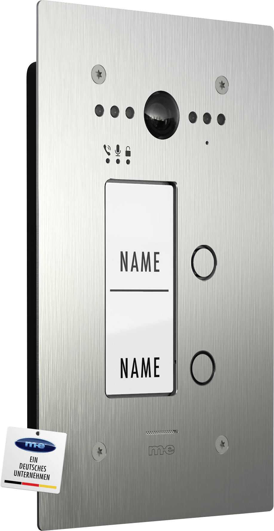 Gegensprechanlage mit elegantem metallischem Finish, ausgestattet mit einer Kamera, zwei Namensplaketten zum Beschriften und einer Rufschelle.