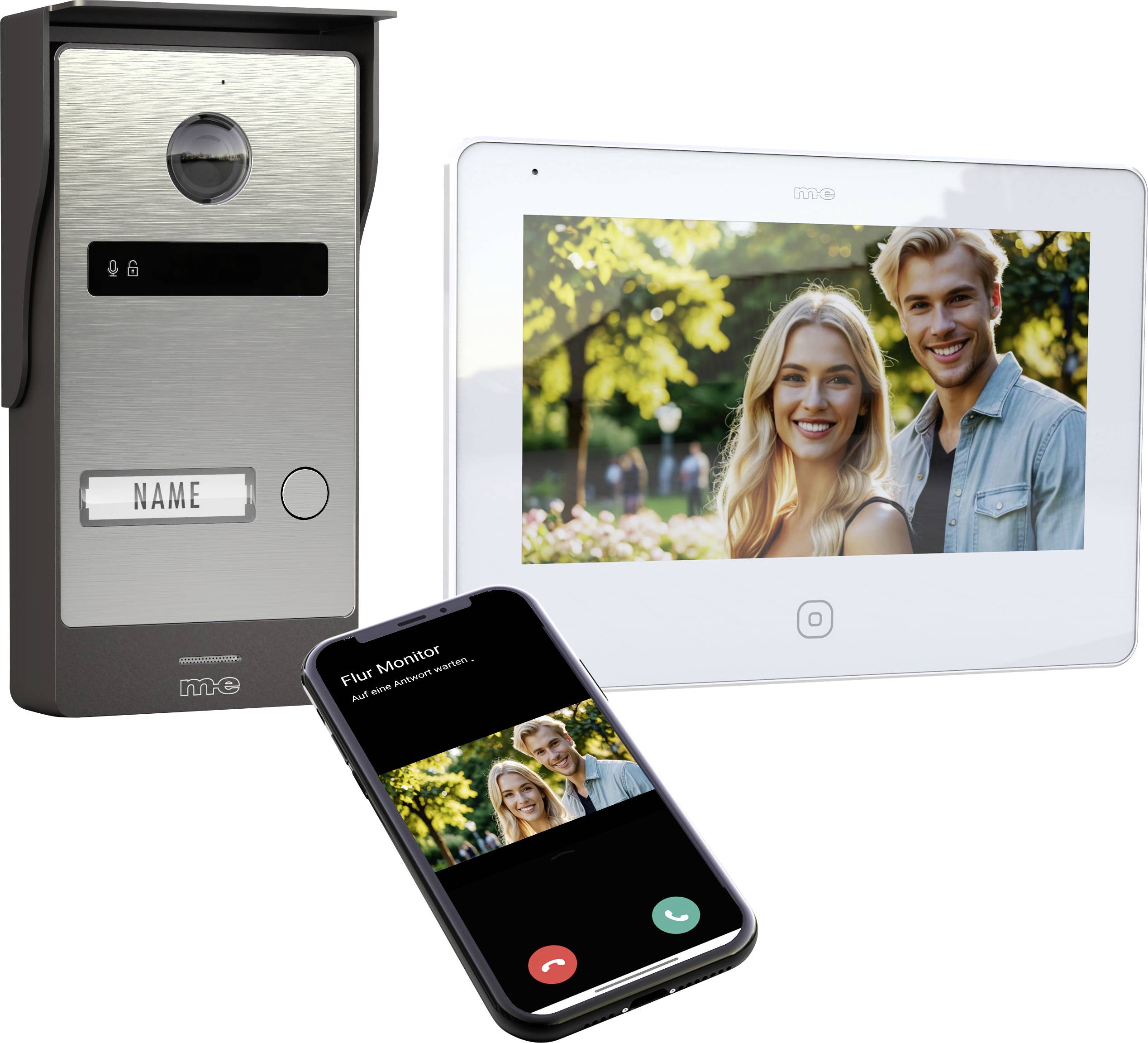 Gegensprechanlage mit Außenkamera, Innenbildschirm und Smartphone-App. Zeigt ein lachendes Paar auf dem Smartphone und dem Innenbildschirm an.