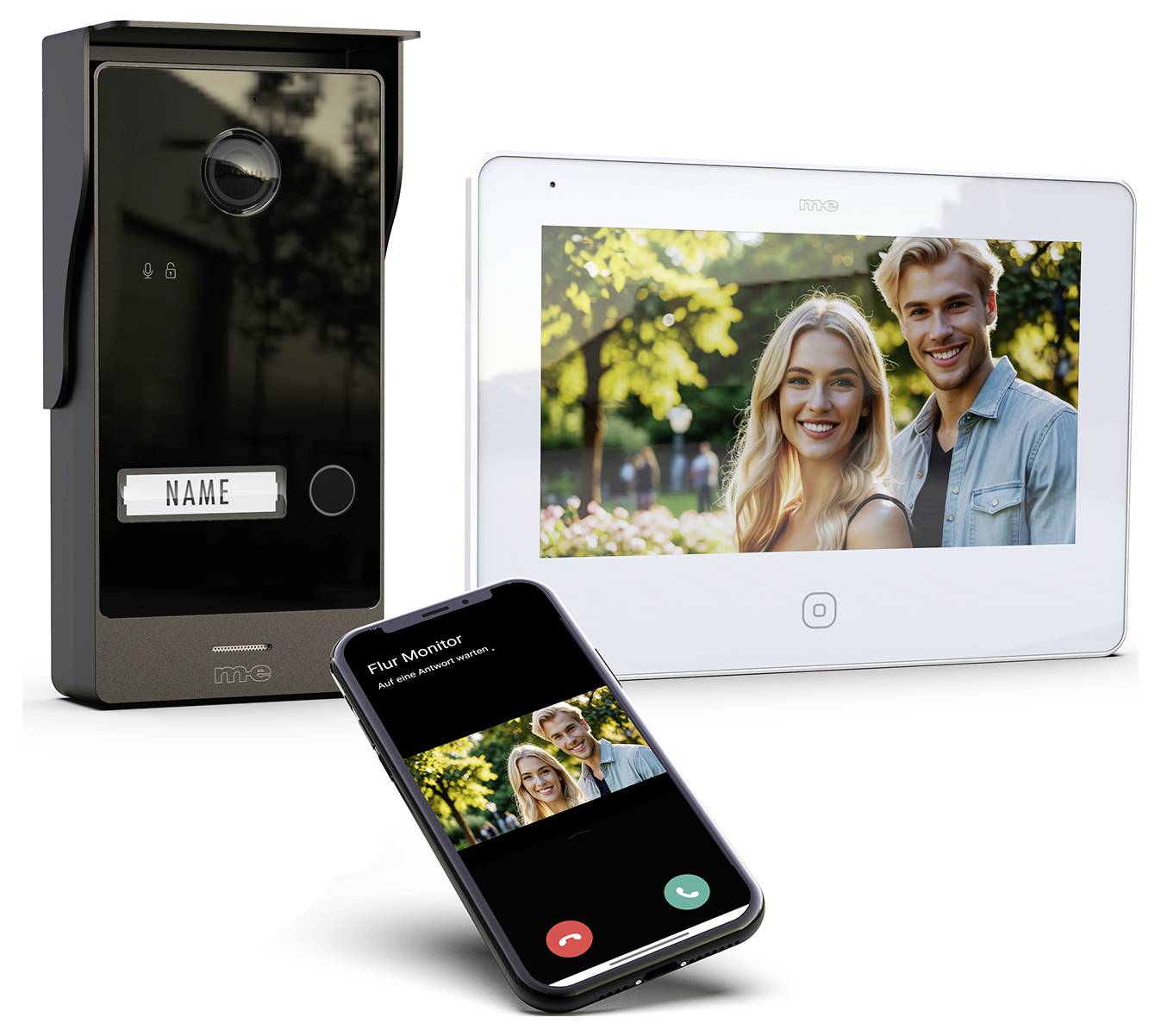 Smart-Türklingelanlage zeigt Live-Video auf Monitor und Smartphone, mit einem lächelnden Mann und einer Frau im Freien, mit sichtbarer Anrufoption.