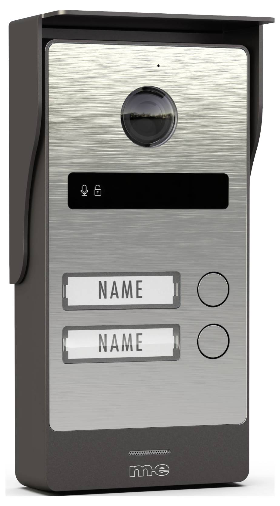 Gegensprechanlage mit zwei Namensschildern, zwei Tasten, einem Lautsprecher und einer Kamera für Videotürklingelsysteme.