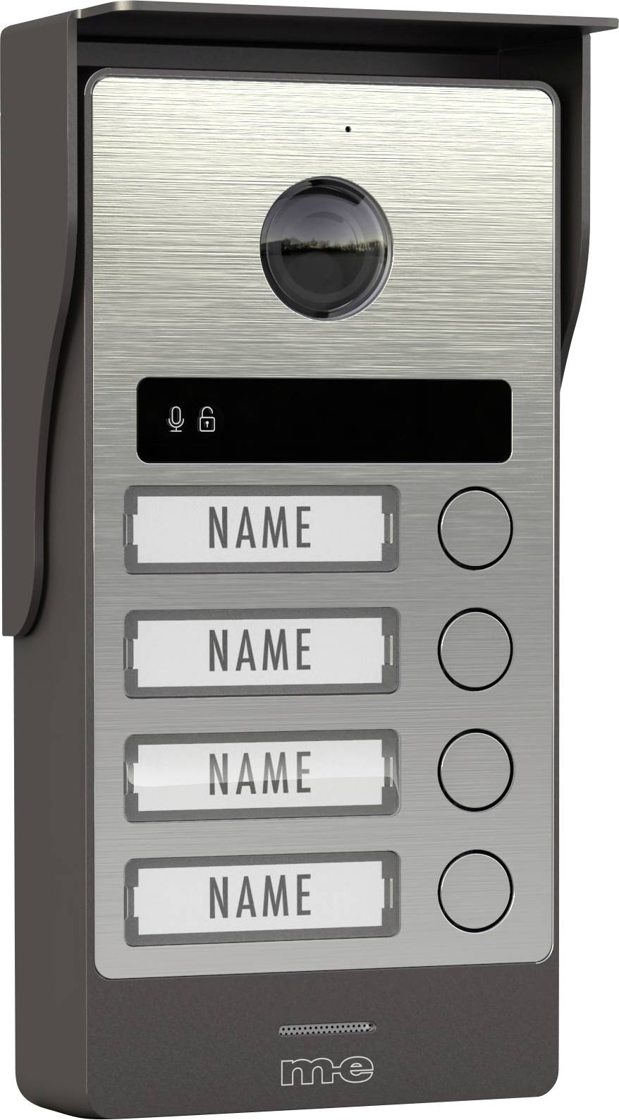 Ein silbernes Gegensprechanlage mit Kamera und Mikrofon, mit vier leeren Namensschildfächern und Klingeltasten, wahrscheinlich zur Verwendung in Wohngebäuden.