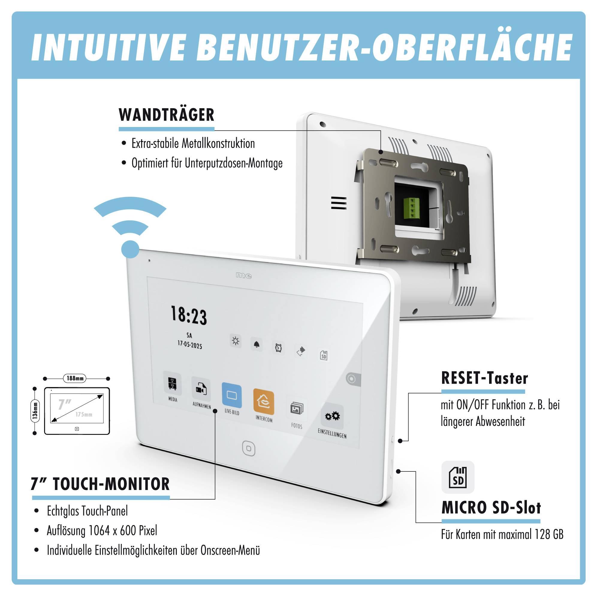 „Intuitive Benutzeroberfläche für einen 7-Zoll-Touchscreen-Monitor mit Installationsdiagramm, Reset-Taste, Micro-SD-Slot und Hauptfunktionen.