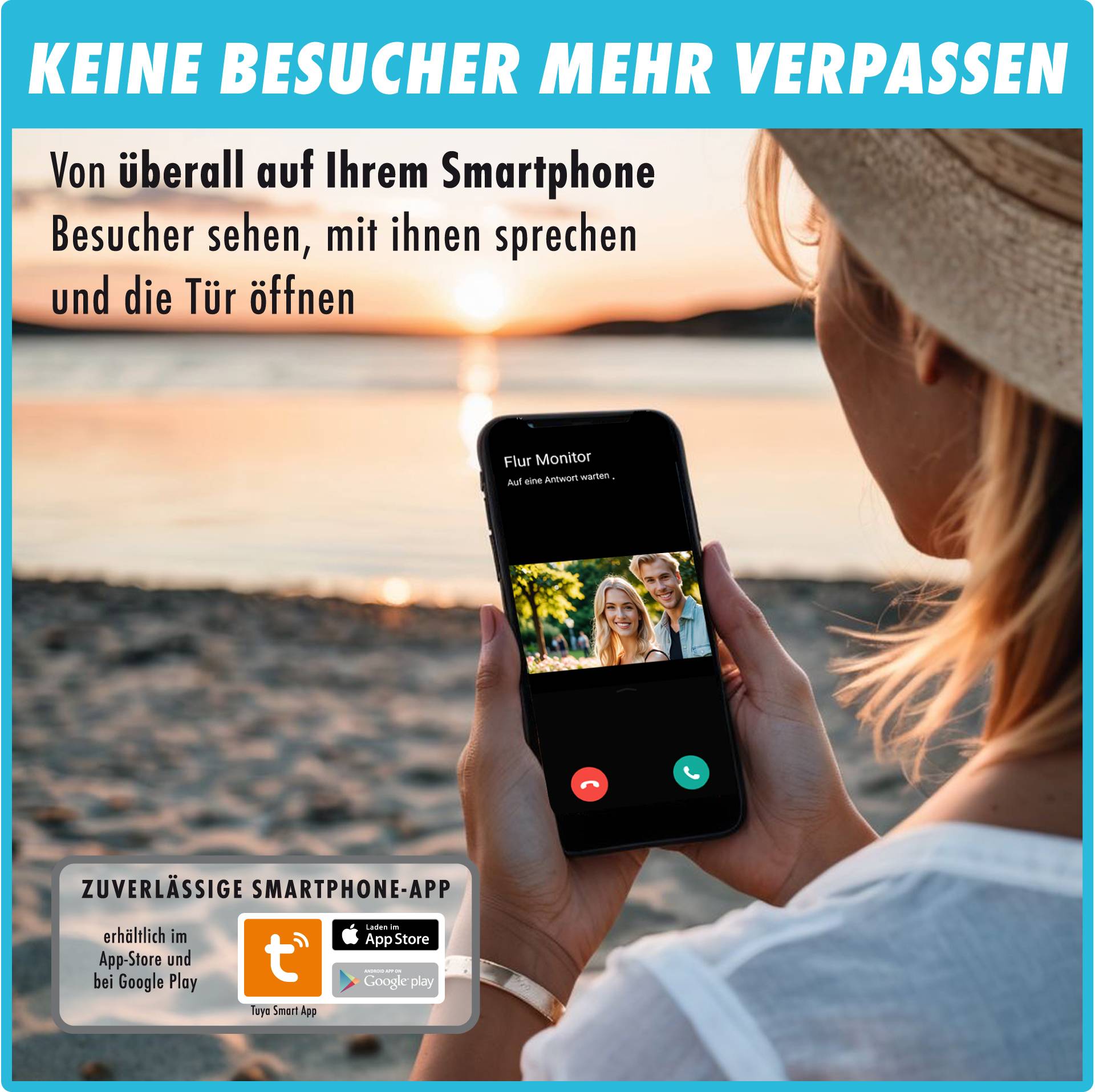 Eine Person hält ein Smartphone am Strand bei Sonnenuntergang und zeigt einen Anrufbildschirm mit zwei Personen und dem Text 'Flur Monitor'. Der Text oben lautet 'Keine Besucher mehr verpassen'.
