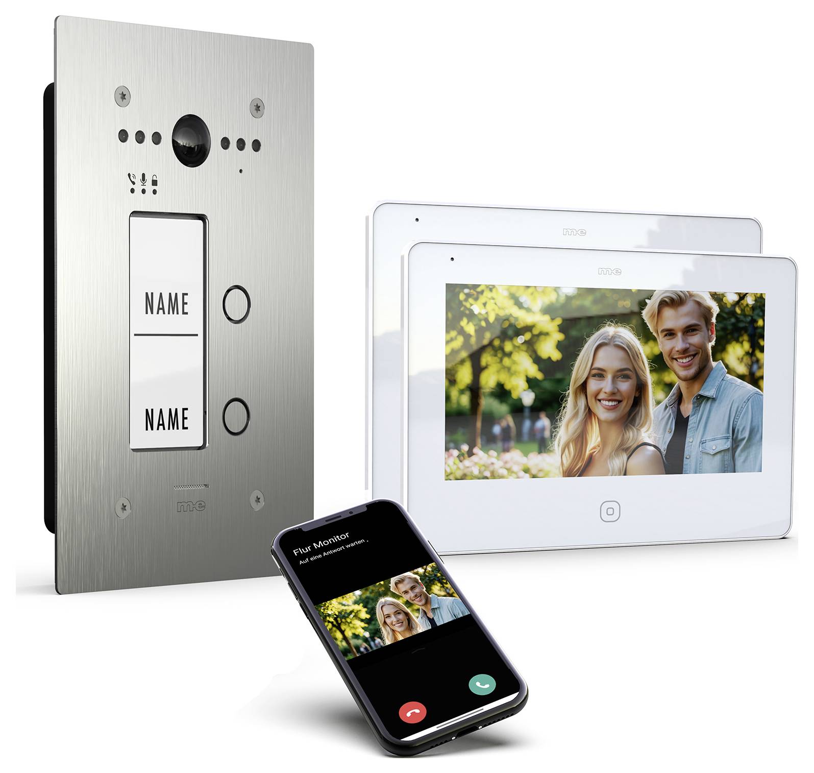 Videosprechanlage mit Metallfreisprech-Außenstation, Touchscreen-Monitore zeigen Personen draußen an, und eine Smartphone-Schnittstelle, die einen Anruf anzeigt.