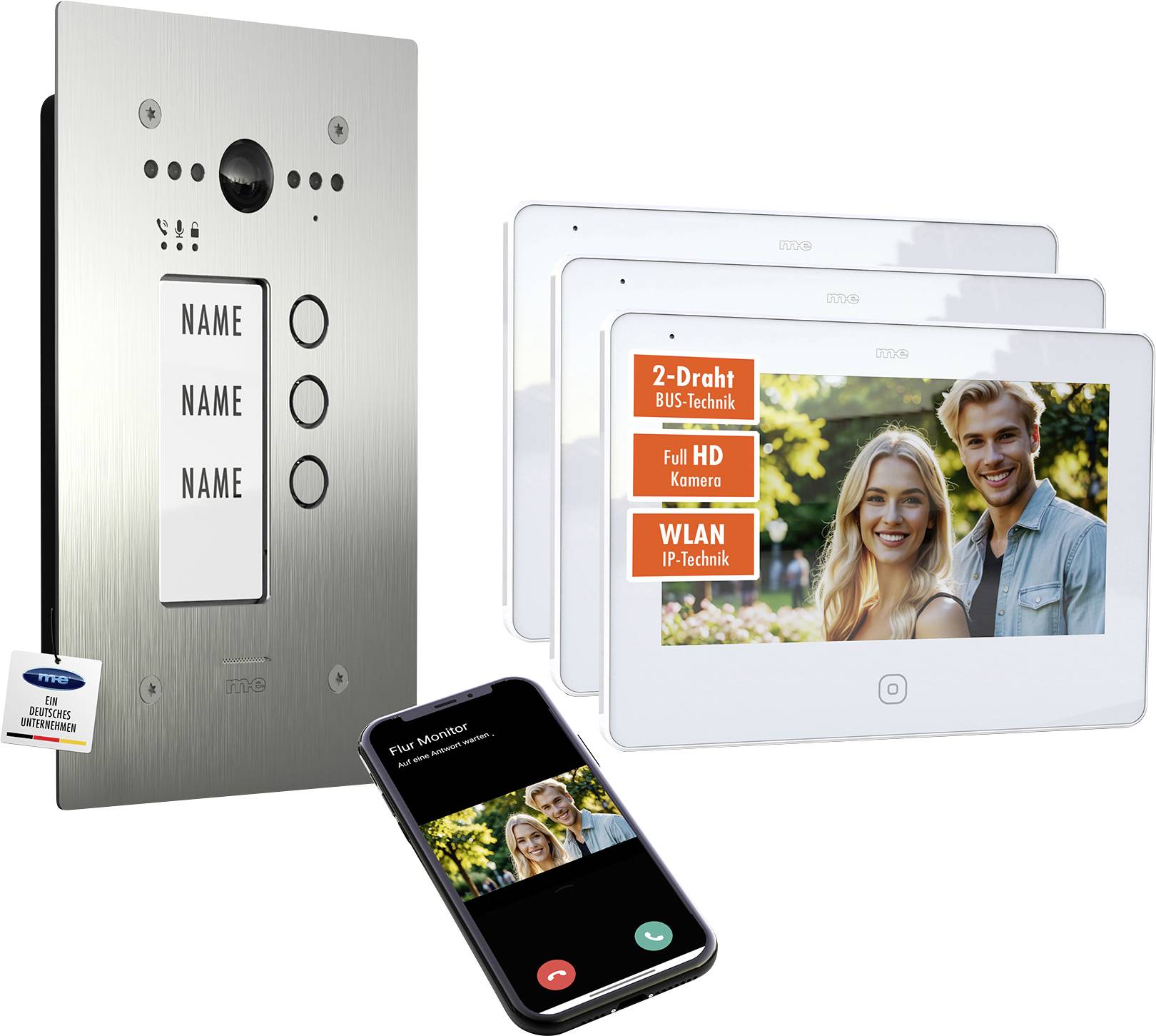 Hausintercomsystem, das einen Videoanruf auf drei Monitoren anzeigt. Frontplatte mit Tasten für Namen. Mobiltelefon zeigt das gleiche Video.