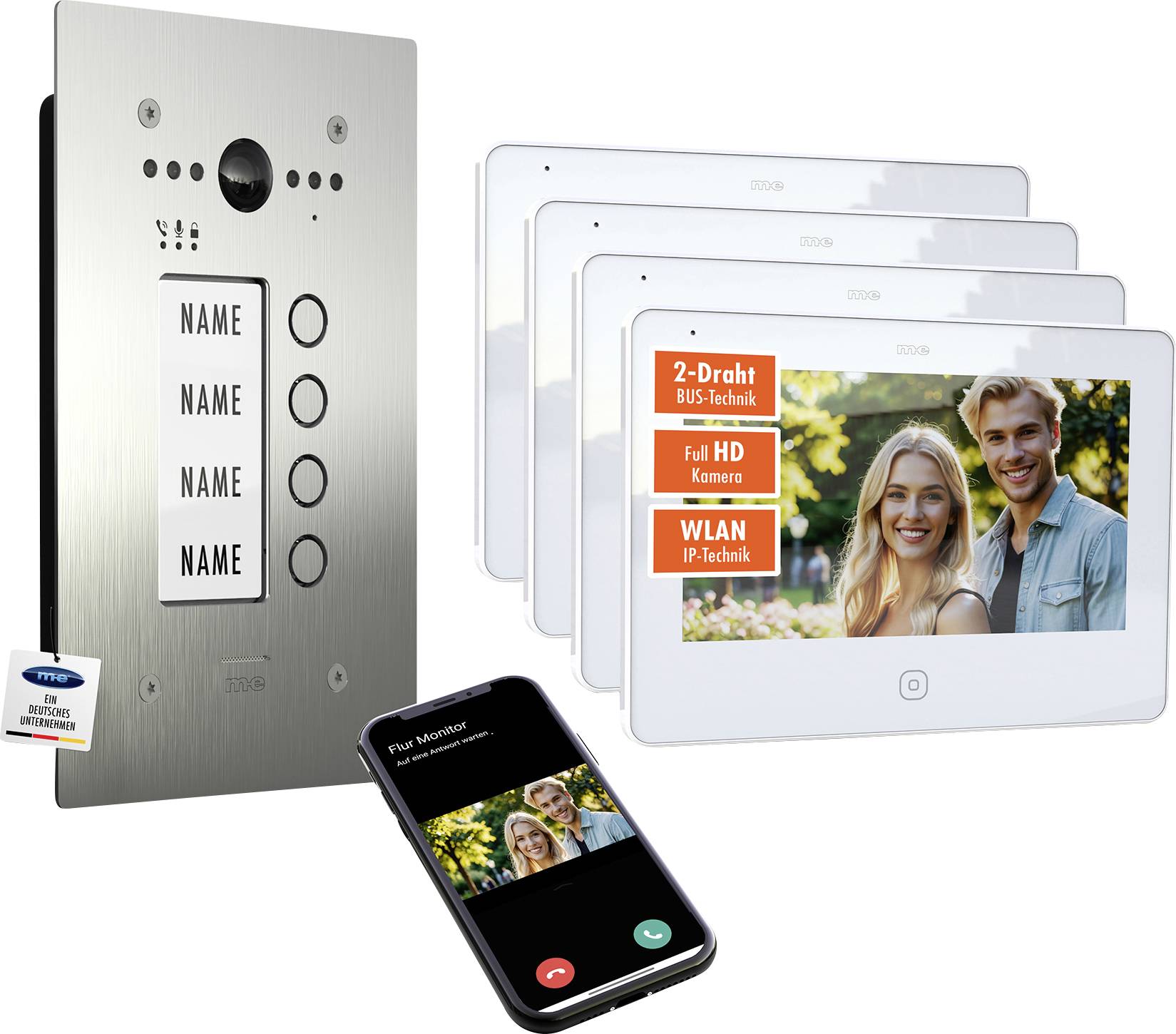 Videosprechanlage mit Wandgerät mit 3 Namensschildern und Kamera, 3 Innenmonitoren, auf denen ein Paar zu sehen ist, und ein Smartphone mit Videoanrufbildschirm.
