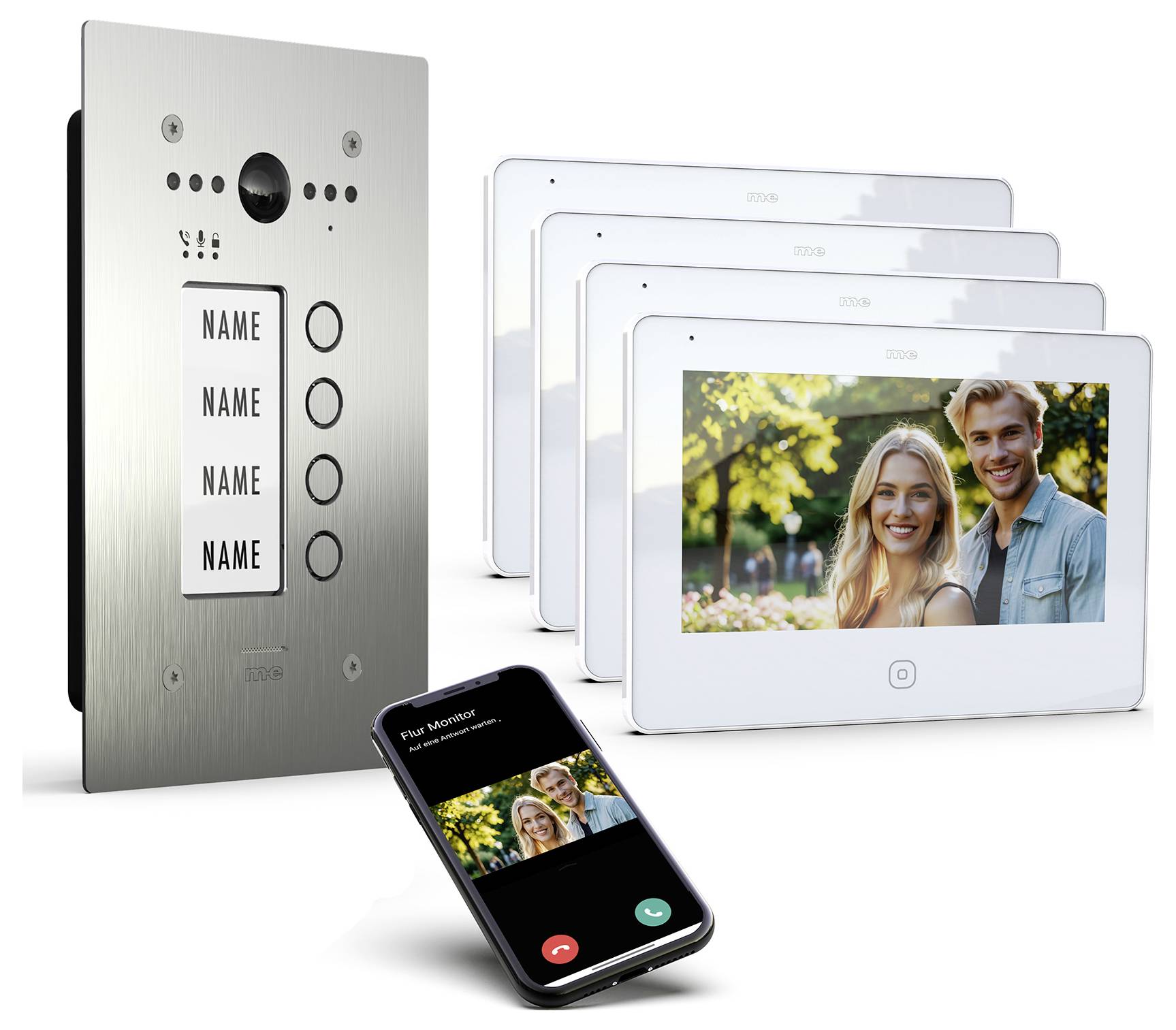 Intercom-System mit Smartphone-Konnektivität und drei Innenbildschirmen. Zeigt einen Videoanruf mit einem lächelnden Paar auf allen Bildschirmen.