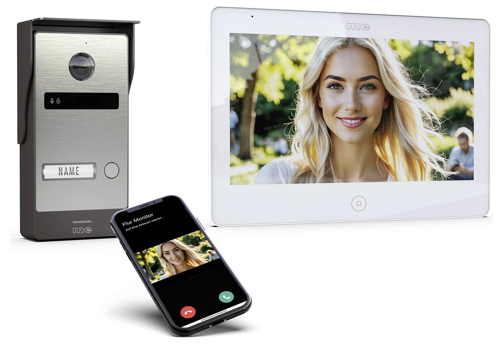 Sprechanlage-Einrichtung: wandmontierte Sprechanlage mit einem Bildschirm, auf dem eine Frau zu sehen ist, ein Smartphone mit einem Videoanruf mit ihrem Foto und ein zentrales Gerät.