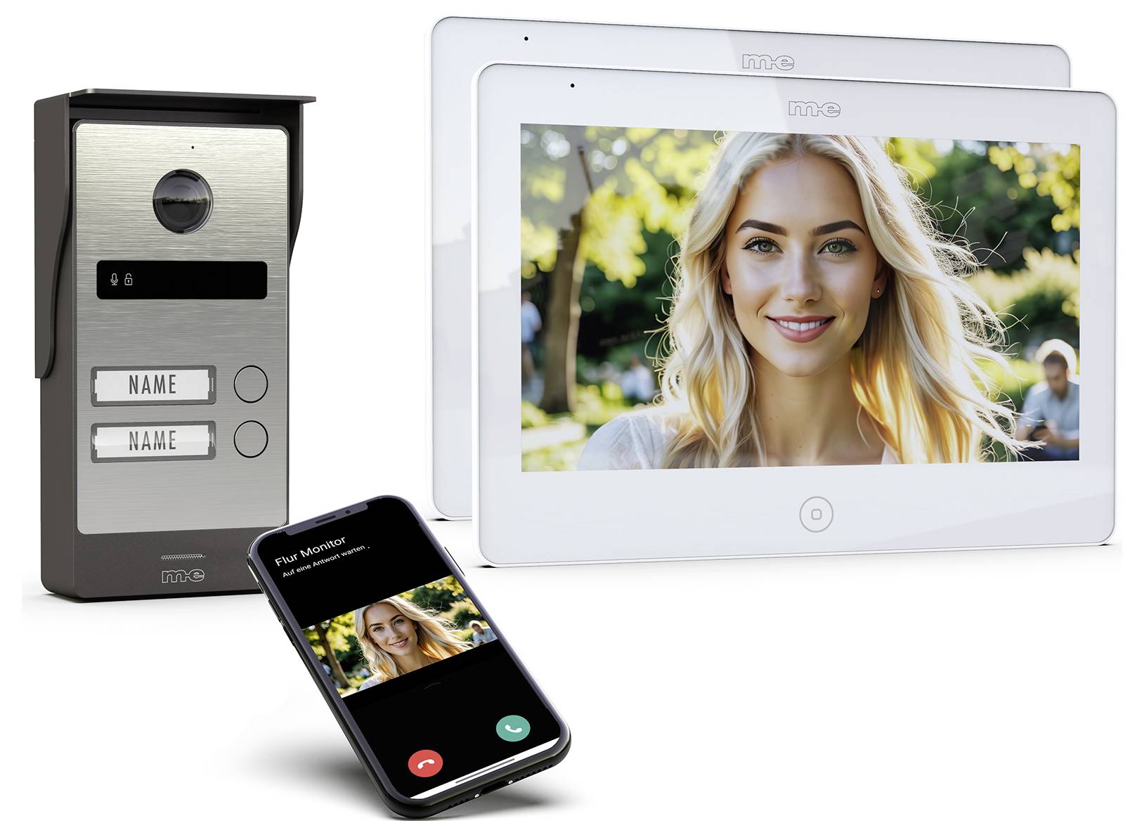 Ein Videosprechanlage-System, das eine Frau auf zwei Monitoren anzeigt und eine Smartphone-Schnittstelle mit Anrufoptionen.