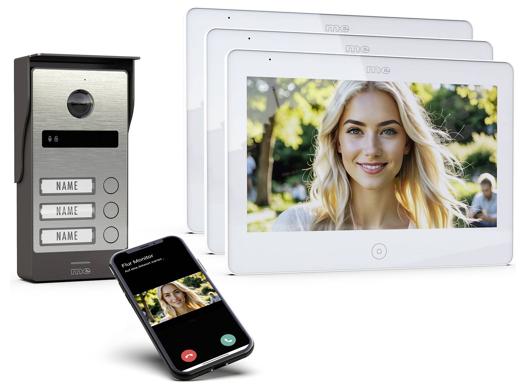 Videosprechanlage mit Außeneinheit, Innenmonitore, die das Bild einer Person anzeigen, und ein Smartphone, das eine Videogesprächsansicht anzeigt.