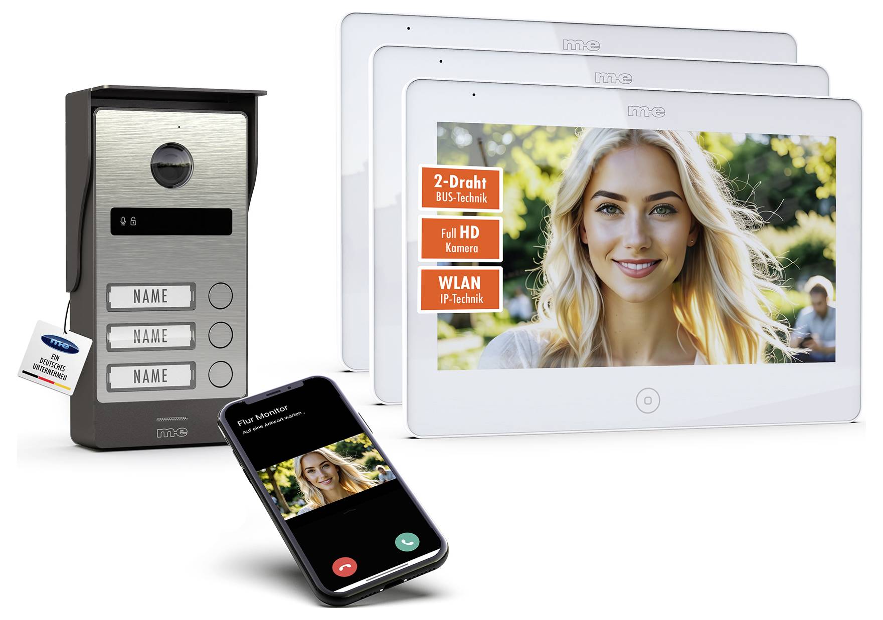 „Häusliches Sprechanlagesystem mit Kamera, das einen Videophon-Anruf auf einem Smartphone und drei Bildschirmen anzeigt, mit einer lächelnden Frau auf dem Bildschirm.