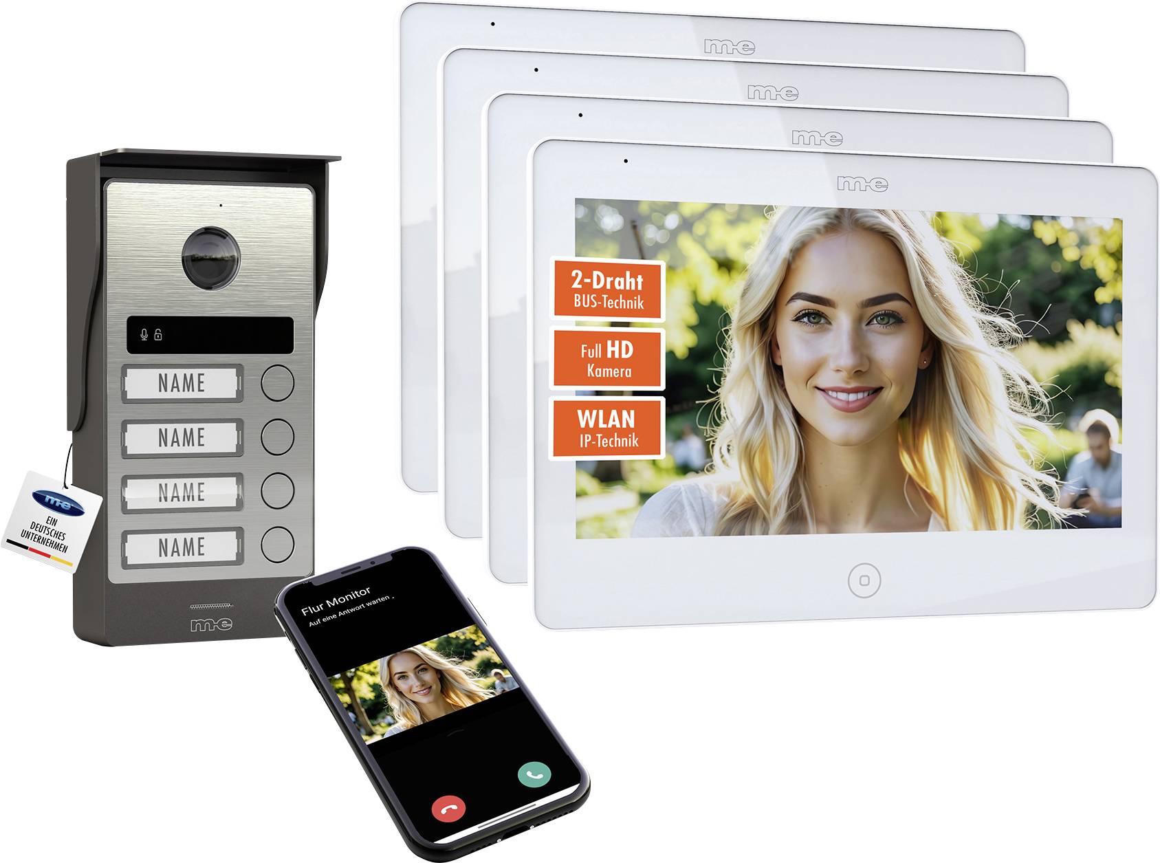 Sprechanlage mit Außenkamera und zwei Indoor-Videomonitoren. Das Bild zeigt eine Person auf den Bildschirmen, angezeigt durch einen Mobiltelefon-App-Anruf.