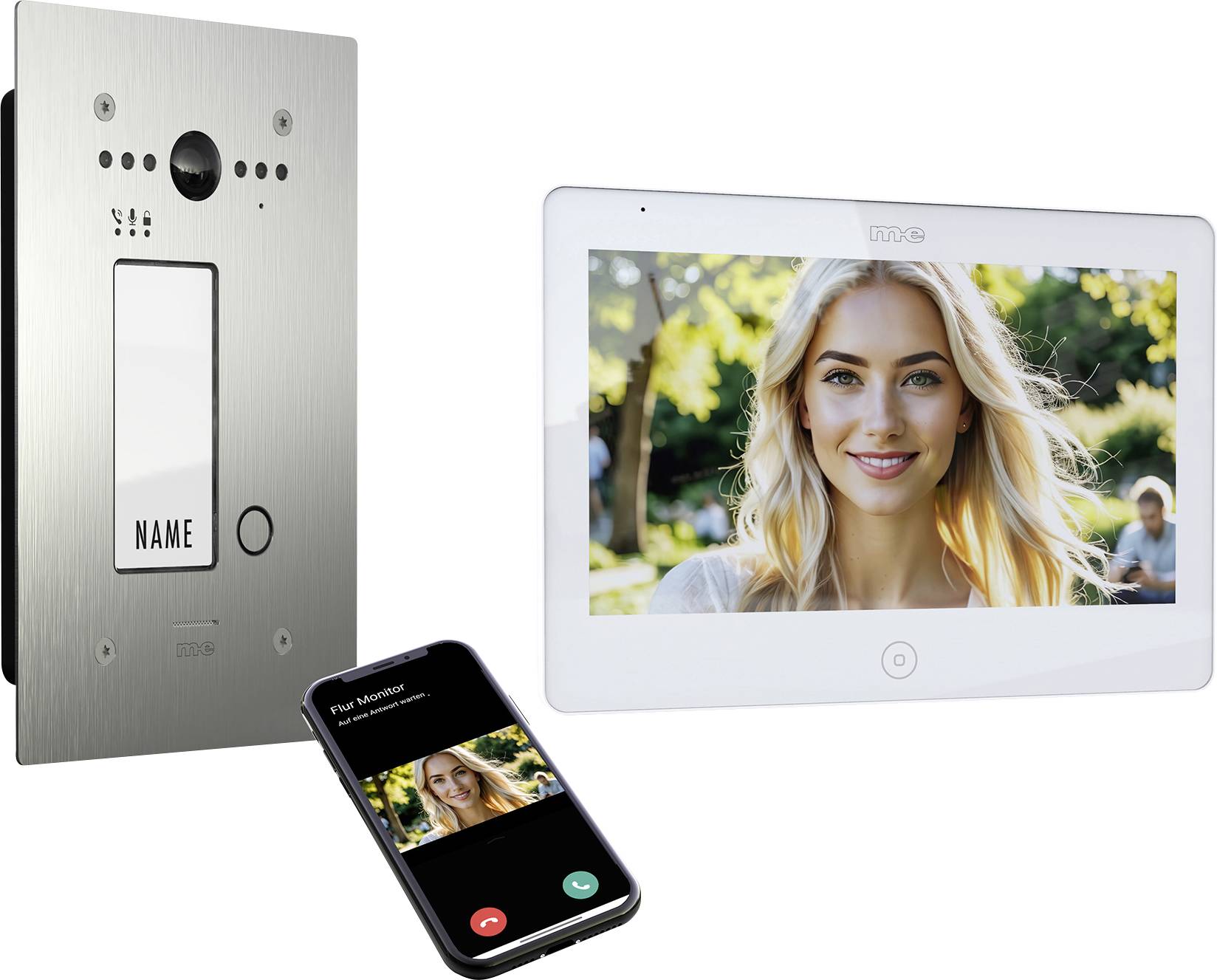 Ein Videosprechanlagesystem mit einem wandmontierten Panel, einem tragbaren Bildschirm und einem Smartphone-Bildschirm, die einen Videoanruf mit einer Person zeigen.