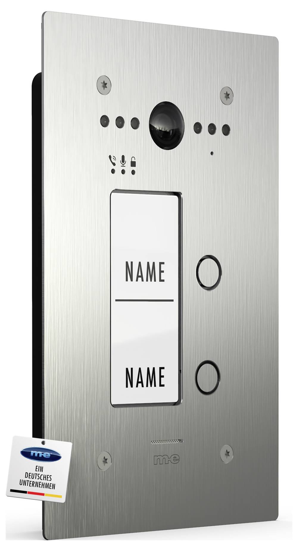 Hauptbild zeigt ein Türklingelschild mit Namen; Detailfoto zeigt seinen Standort an einem modernen Haus. Die Überschrift lautet „Smarte Türkommunikation