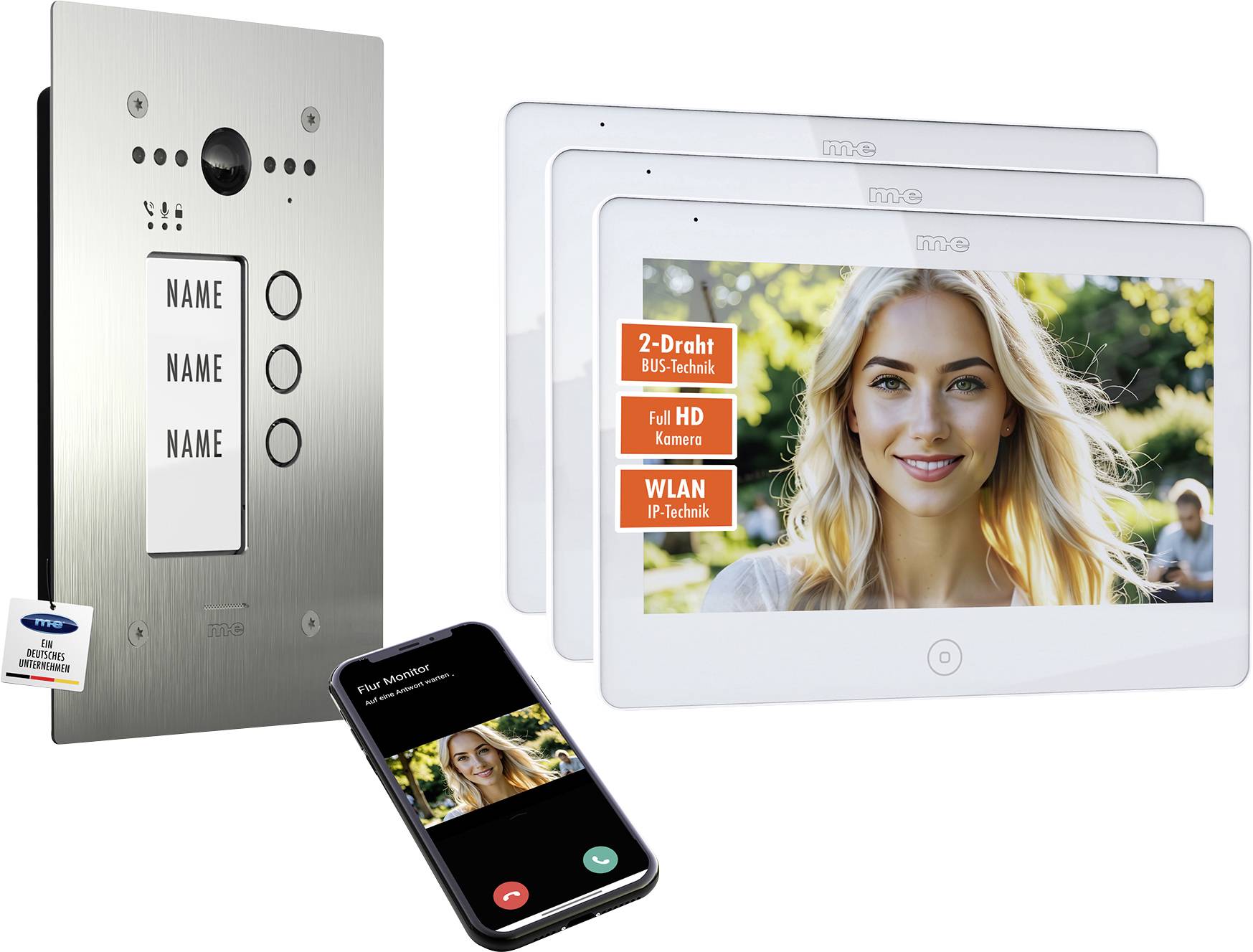 Videosprechanlage mit einem metallischen Außenpanel mit drei Namensschildern, drei Tasten und einer Kamera. Umfasst Innenbildschirme und Smartphone-Integration mit Videoanrufanzeige.