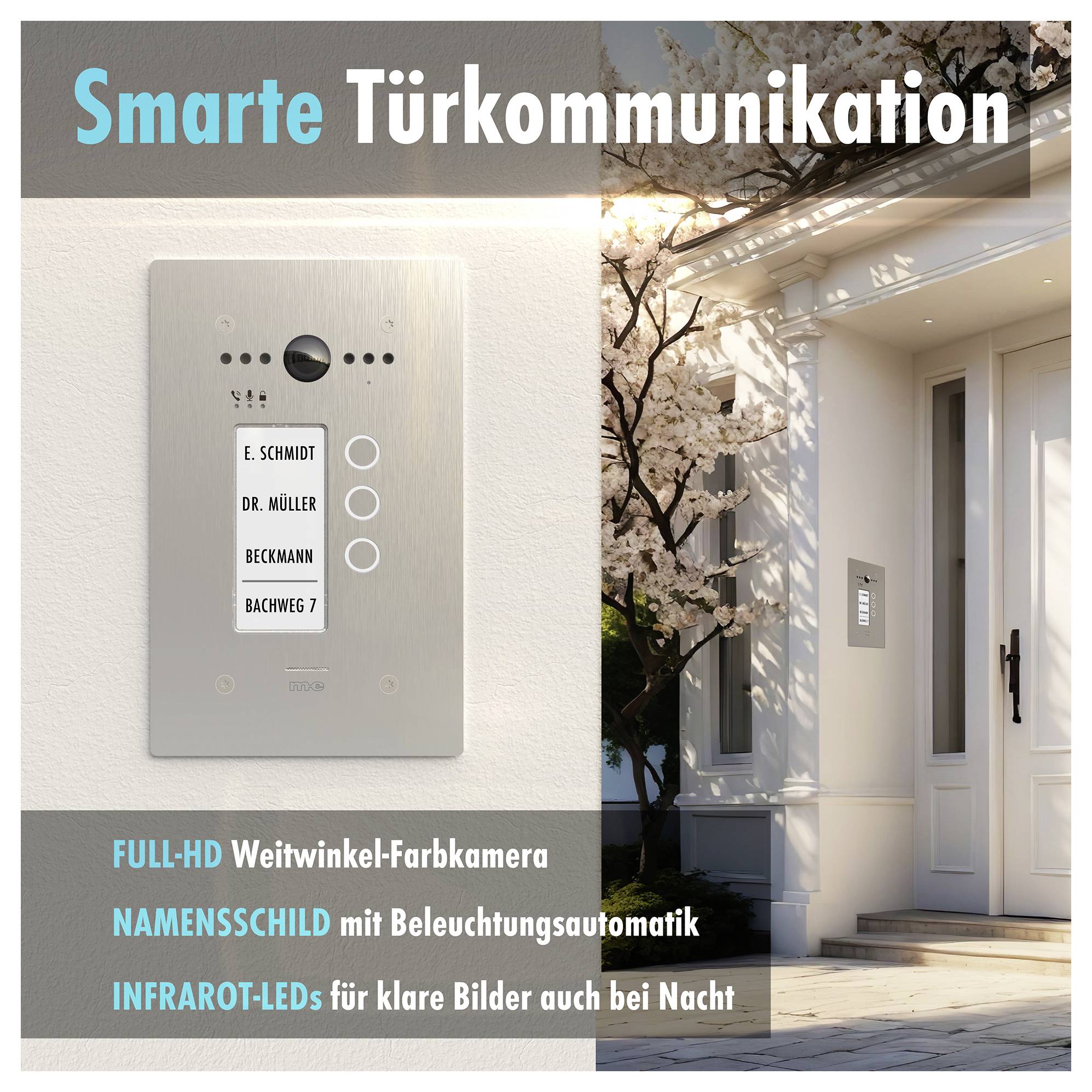 Edelstahlsprechanlage mit Kamera, Lautsprecher und drei kreisförmigen Tasten mit der Bezeichnung „Name