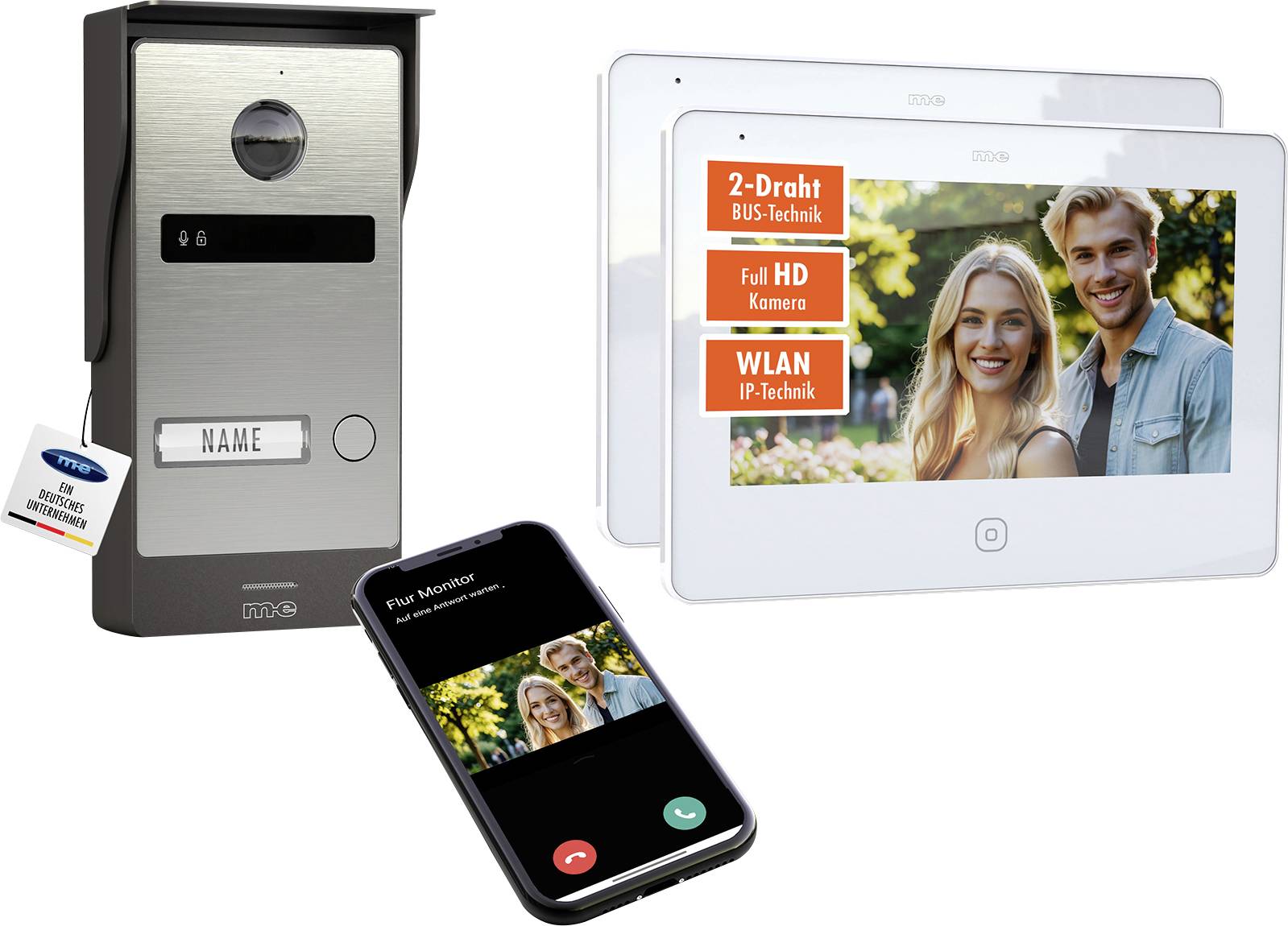 Das Bild zeigt ein Türklingel-Sicherheitssystem mit einem wandmontierten Videomonitor, der zwei lächelnde Menschen anzeigt, und ein Smartphone, das den Live-Feed empfängt.