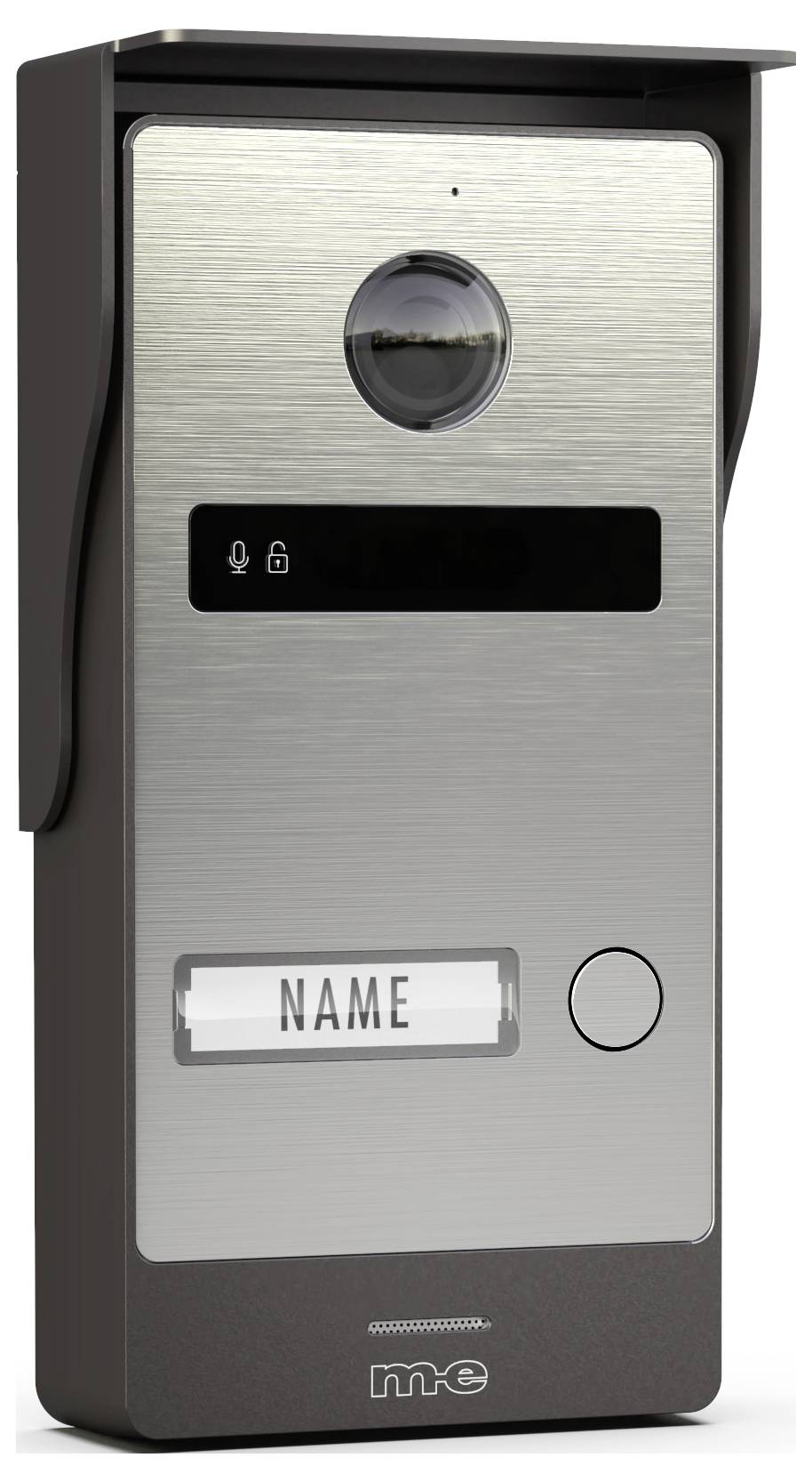 Videotürklingel mit Kameraobjektiv, Mikrofon, Lautsprecher und Anrufknopf. Namensschild-Halter am unteren Ende.