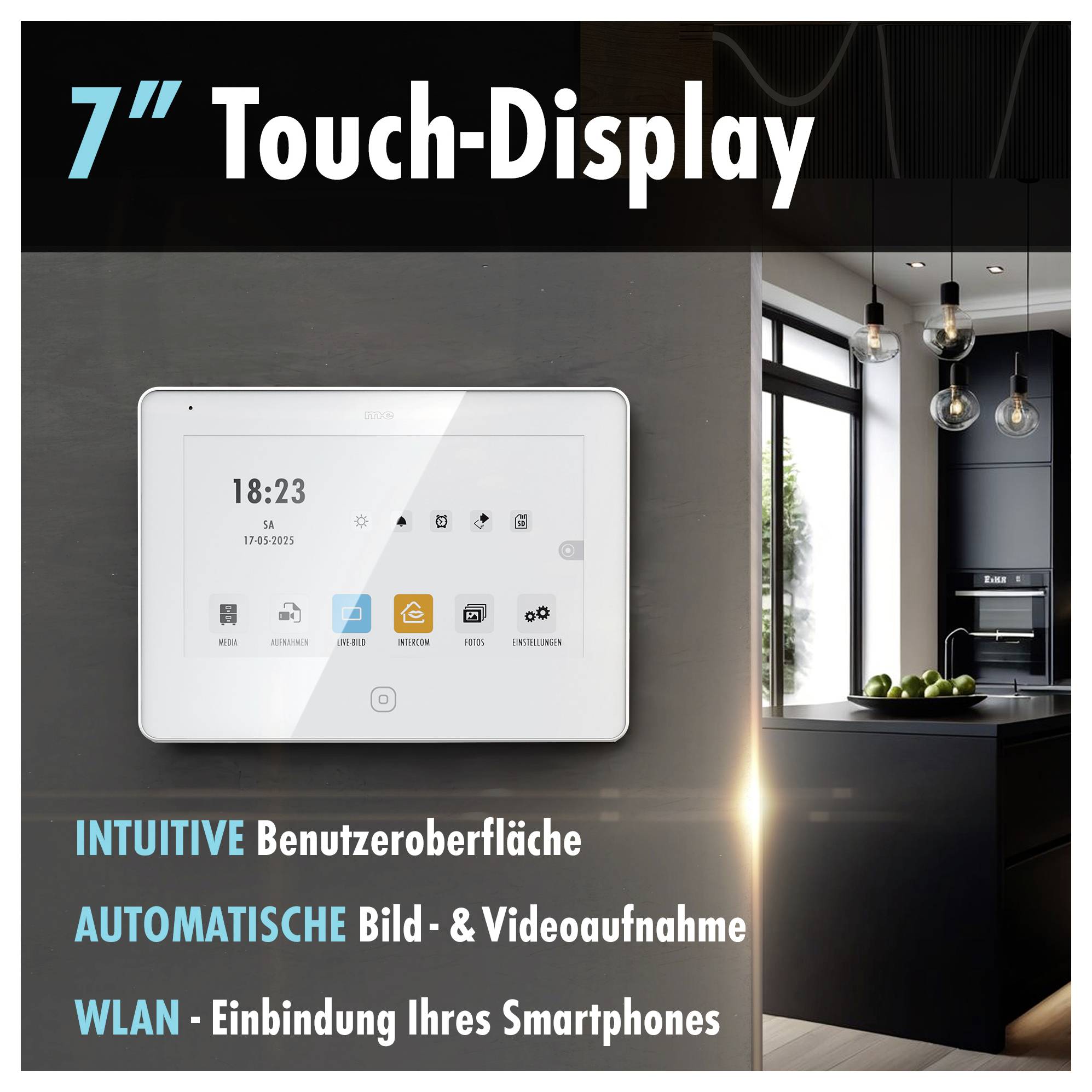 7-Zoll-Touchdisplay mit benutzerfreundlicher Oberfläche, automatischer Foto- und Videoaufzeichnung und Smartphone-Integration via WLAN.
