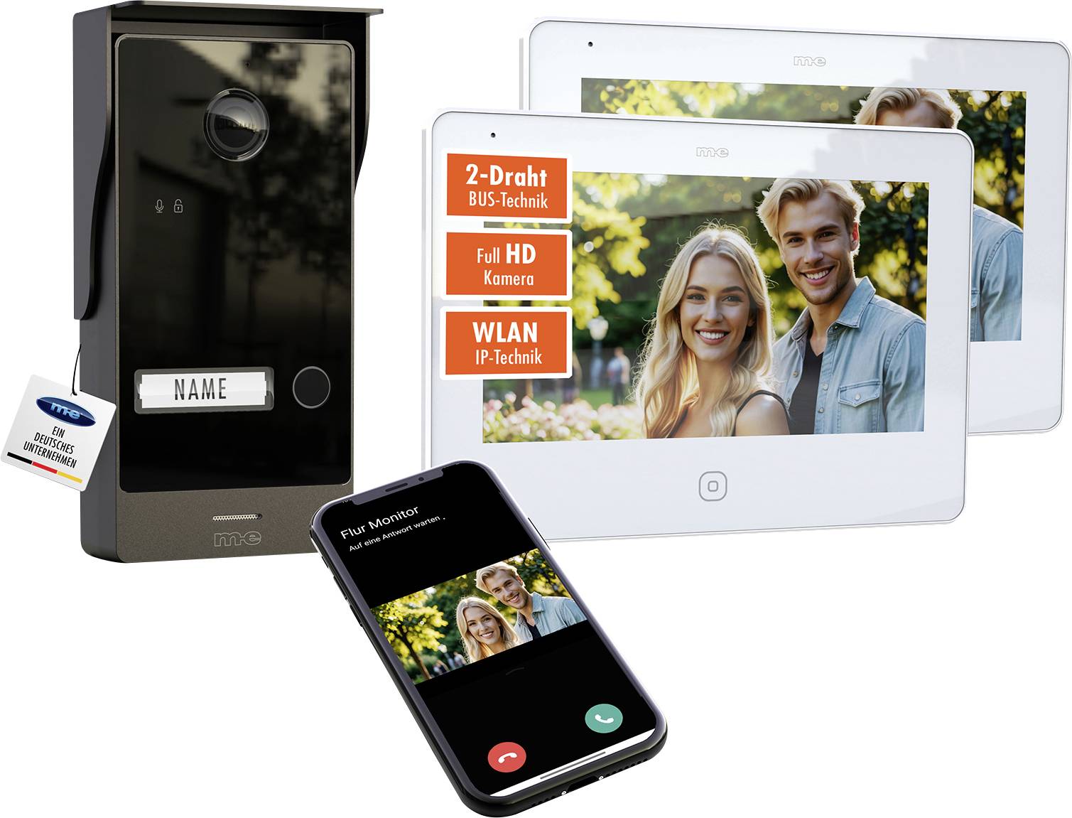 Innen- und Außenvideo-Sprechanlage mit zwei weißen Bildschirmmonitoren und einer Smartphone-App, ausgestattet mit Full-HD-Kamera und WiFi-Konnektivität.