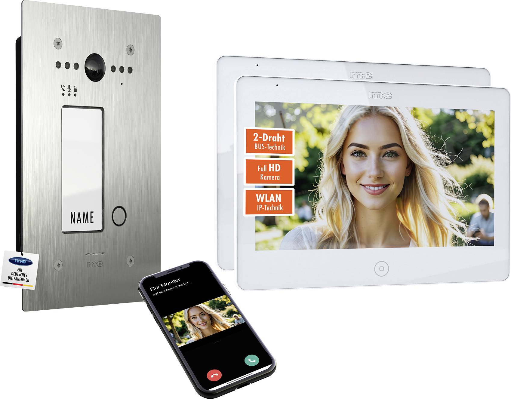 Intelligentes Türklingelnsystem mit Videobildschirm und Smartphone-Konnektivität zeigt eine Frau auf zwei digitalen Panels und betont die Haussicherheit.