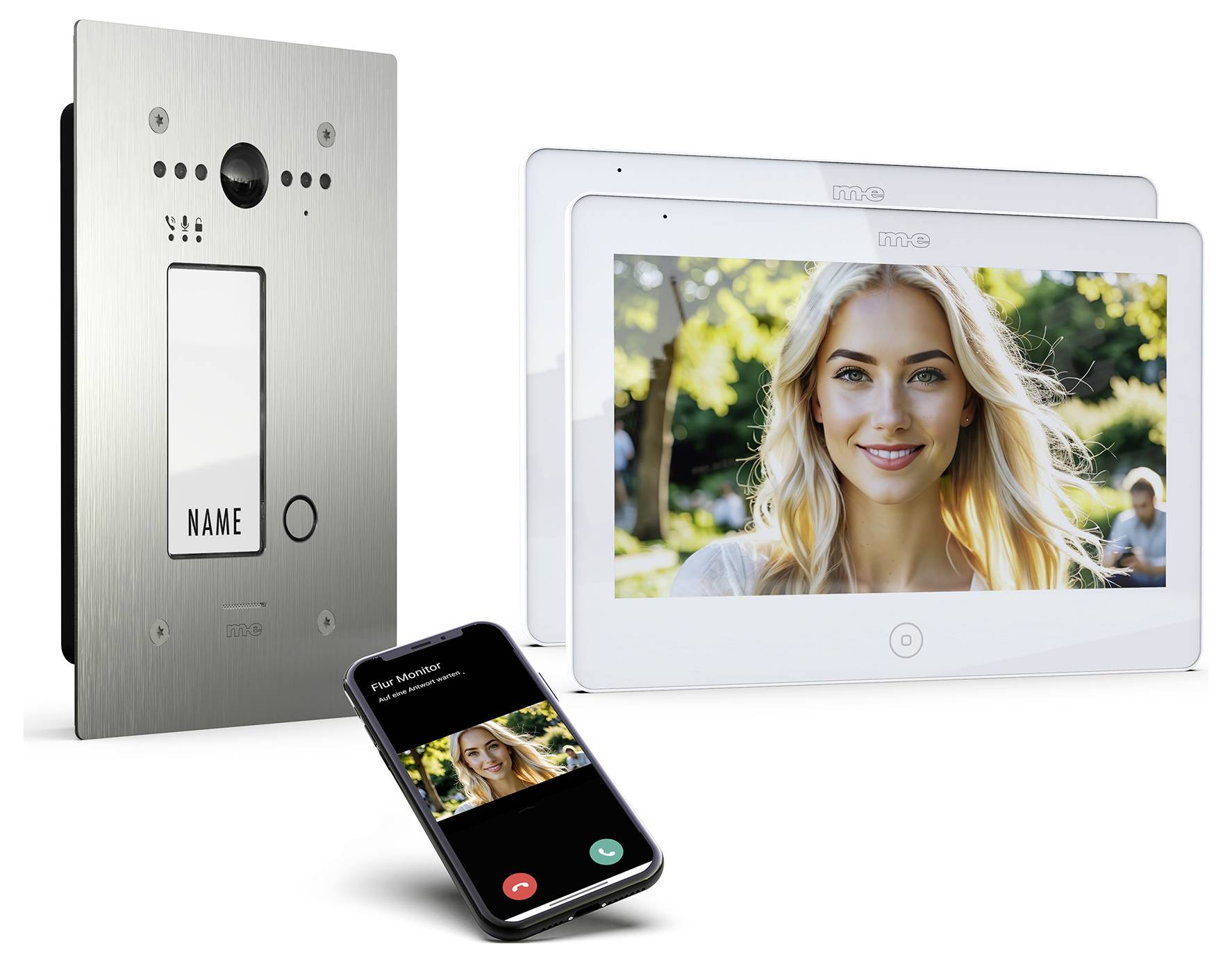 „Hausgegensprechanlage zeigt einen Videoanruf mit einer Frau auf dem Bildschirm. Wandmontiertes Bedienfeld, Innenmonitor und Smartphone zeigen Anruffunktionen.