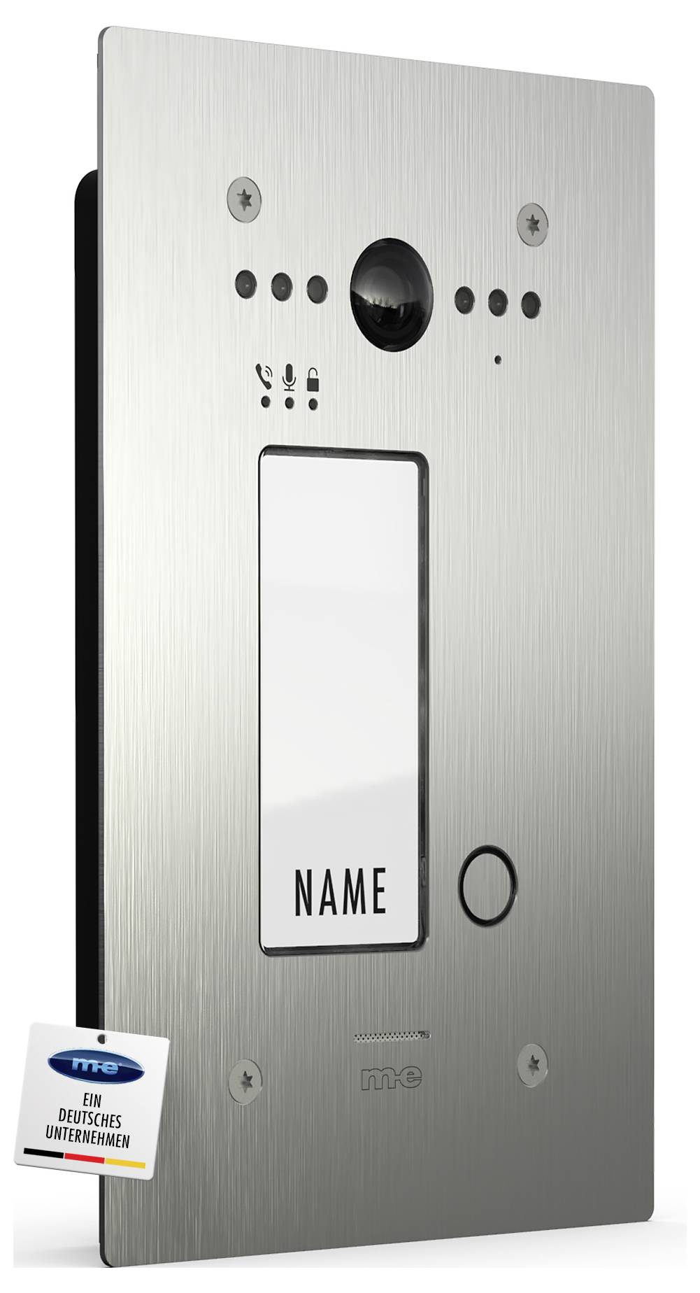 Ein elegantes silbernes Sprechanlage-Panel mit Kamera, Lautsprecher, LED-Leuchten und einem Knopf. Ein weißes Etikett zeigt das Wort „NAME