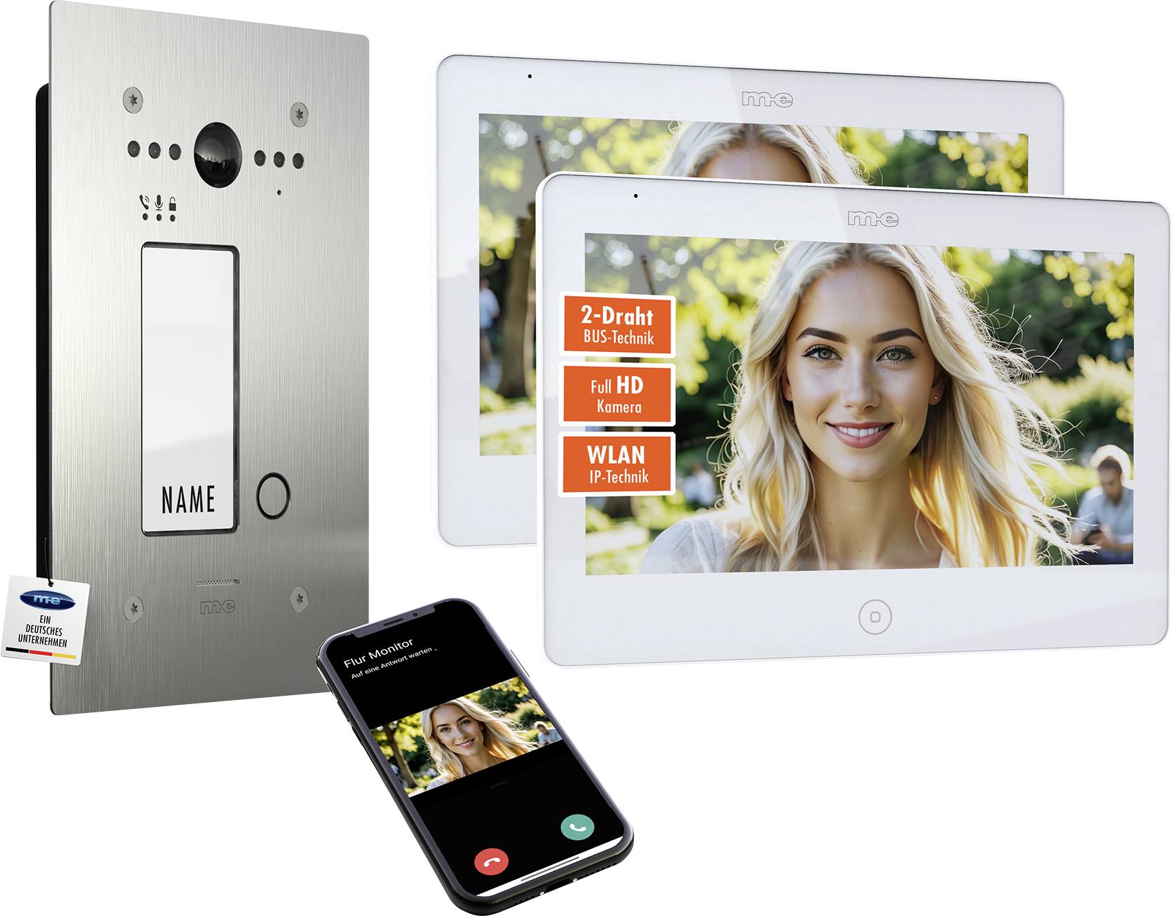 Hausintercomsystem mit einem Türsprechanlage-Panel aus gebürstetem Metall, zwei Innenbildschirmen, auf denen eine lächelnde Person zu sehen ist, und einer Smartphone-App-Schnittstelle.