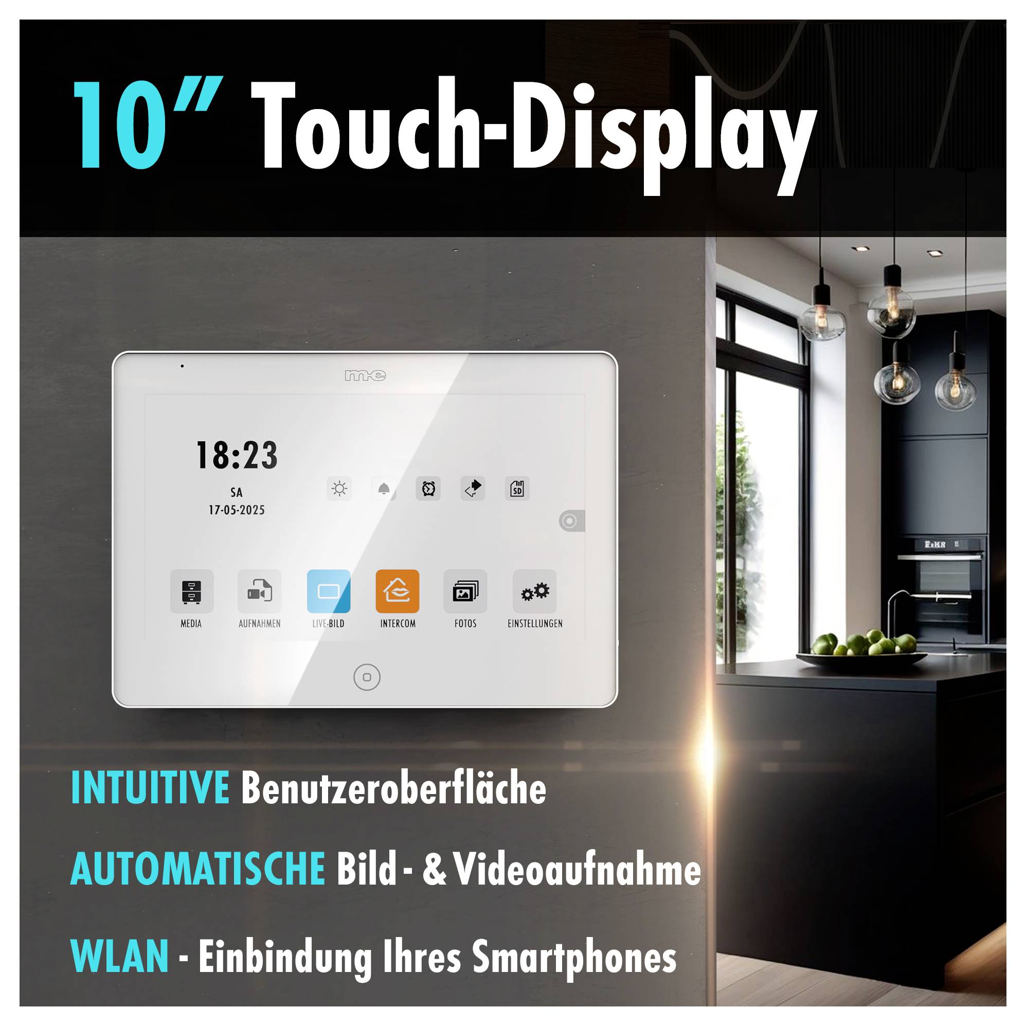Smart-Home-Gerät mit 10-Zoll-Touchdisplay, das Uhrzeit und Symbole für verschiedene Funktionen anzeigt, mit Funktionen wie intuitive Benutzeroberfläche und Smartphone-Integration.