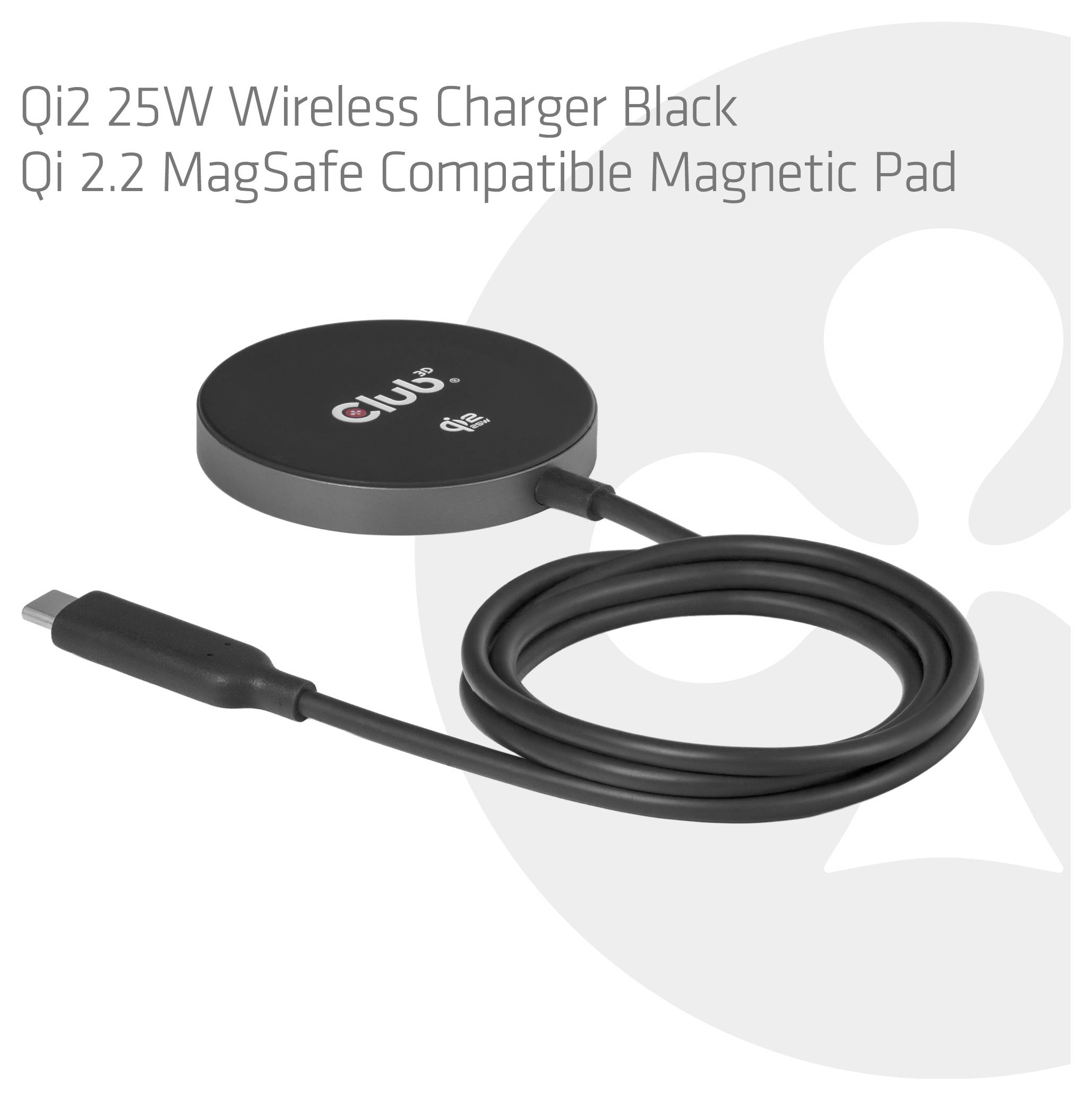 Club3D Induktions-Ladegerät Qi2 USB-C 25Wa CAC-3027 Ausgänge Induktionslade-Standard Schwarz