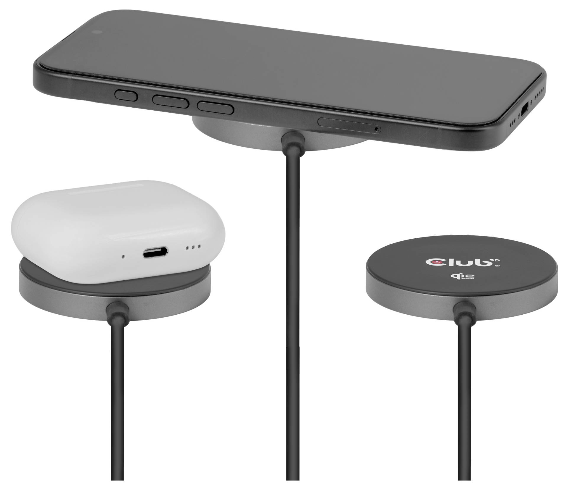 Ein magnetisches kabelloses Ladegerät mit zwei Ladepads, auf denen ein Smartphone und ein Ohrhörer-Etui liegen. Das Ladegerät zeigt das 