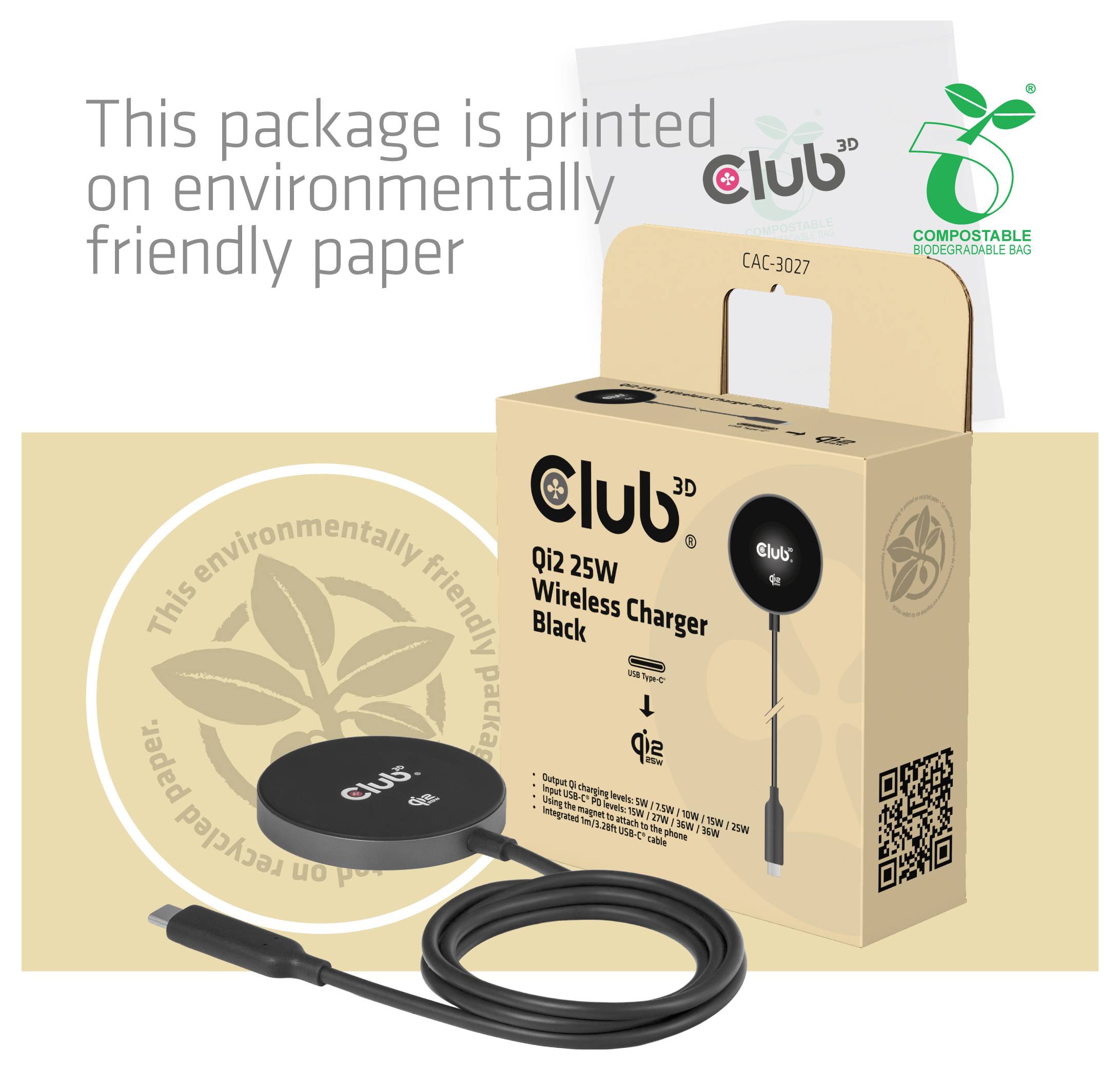 Club3D Induktions-Ladegerät Qi2 USB-C 25Wa CAC-3027 Ausgänge Induktionslade-Standard Schwarz