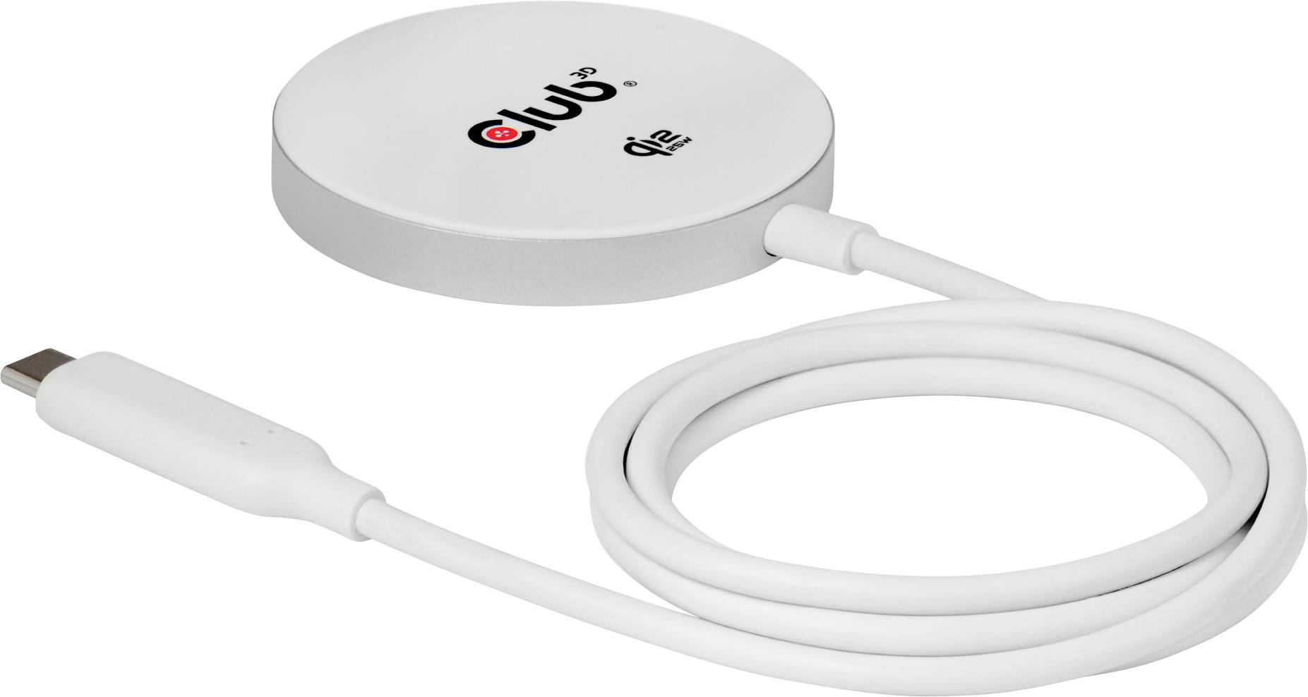 Ein kreisförmiges weißes kabelloses Ladegerät mit einem angeschlossenen USB-C-Kabel. Die Oberfläche des Ladegeräts zeigt ein Logo und unterstützt kabelloses Laden nach dem 