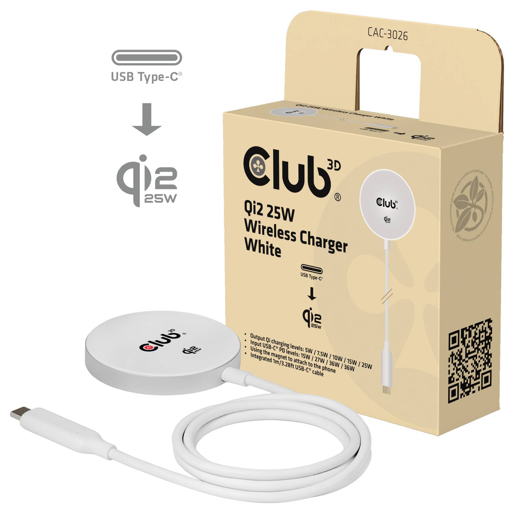 „Club 3D Qi2 25W kabelloses Ladegerät Weiß